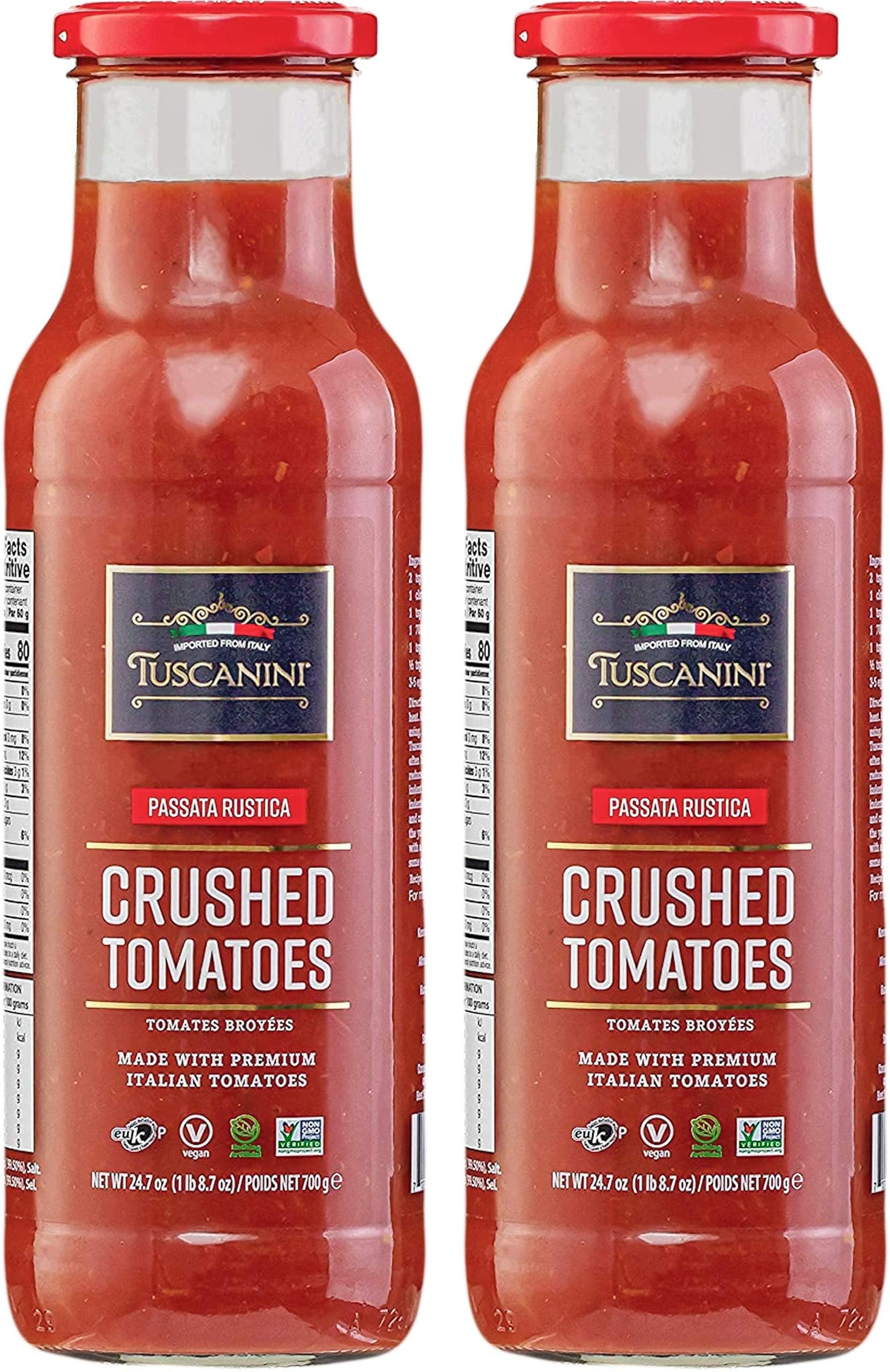 Tuscanini Premium Italian Crushed Tomatoes, 24.7oz (2 Pack), Vegan, Imported from Italy, Glass Bottle