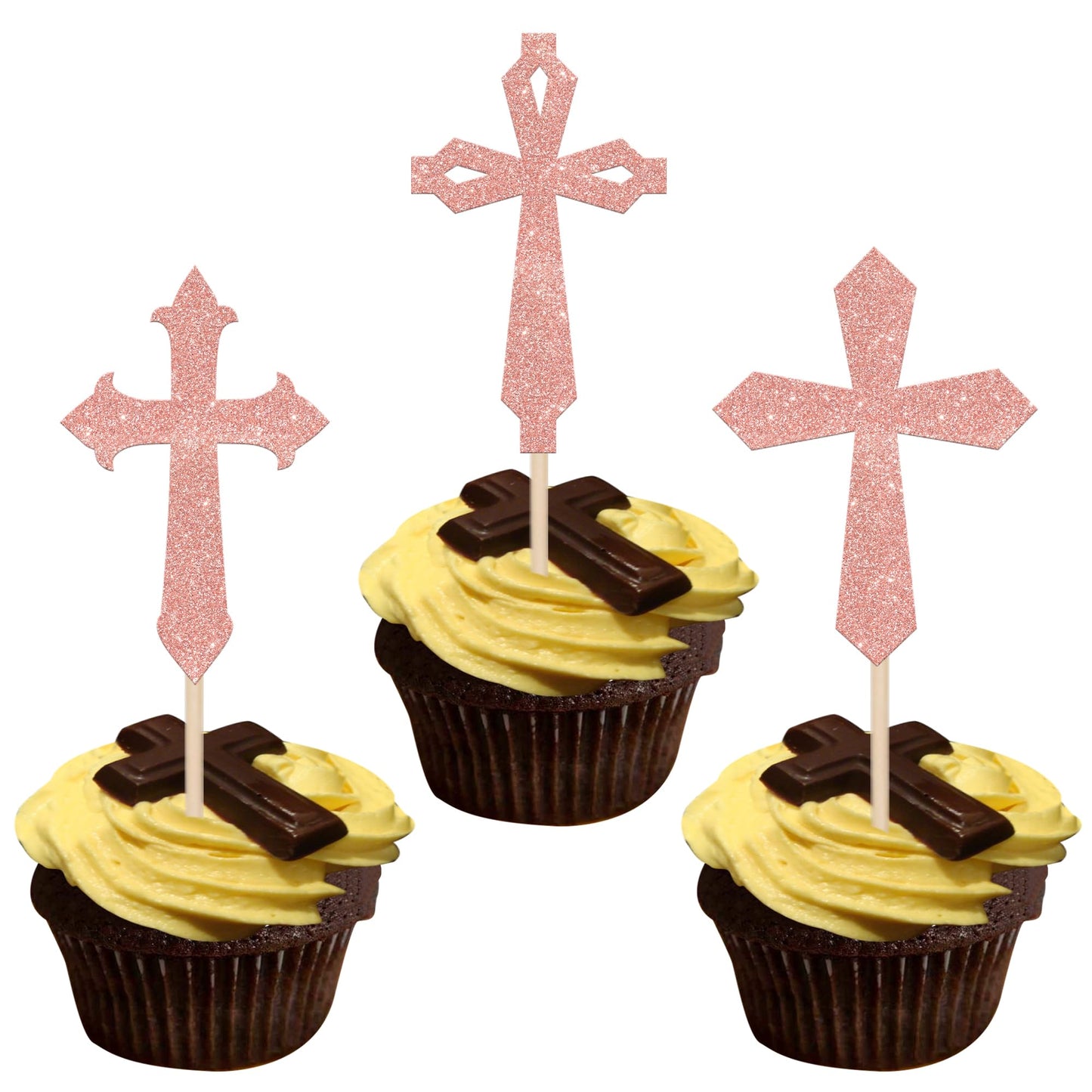YCTHUNFISH Cupcake Toppers 24 Pack Glitter Cardstock Rose Gold for Baptism Baby Shower Birthday Party Decorations