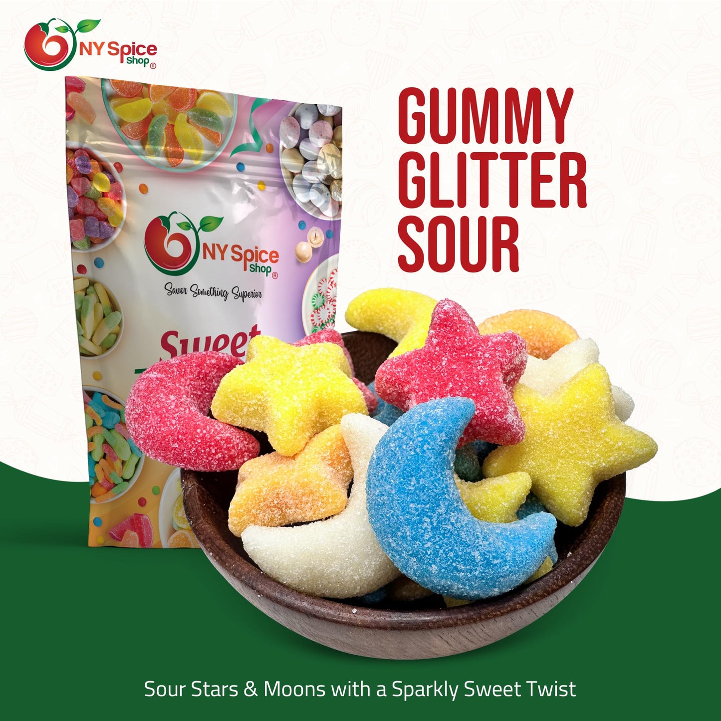 Ny Spice Shop Gummy Stars Moon Shaped Glitter Fun - 8 Ounce Glittery Candy For Cookies - Chewy Bulk Candy - Stars And Moons Gumm