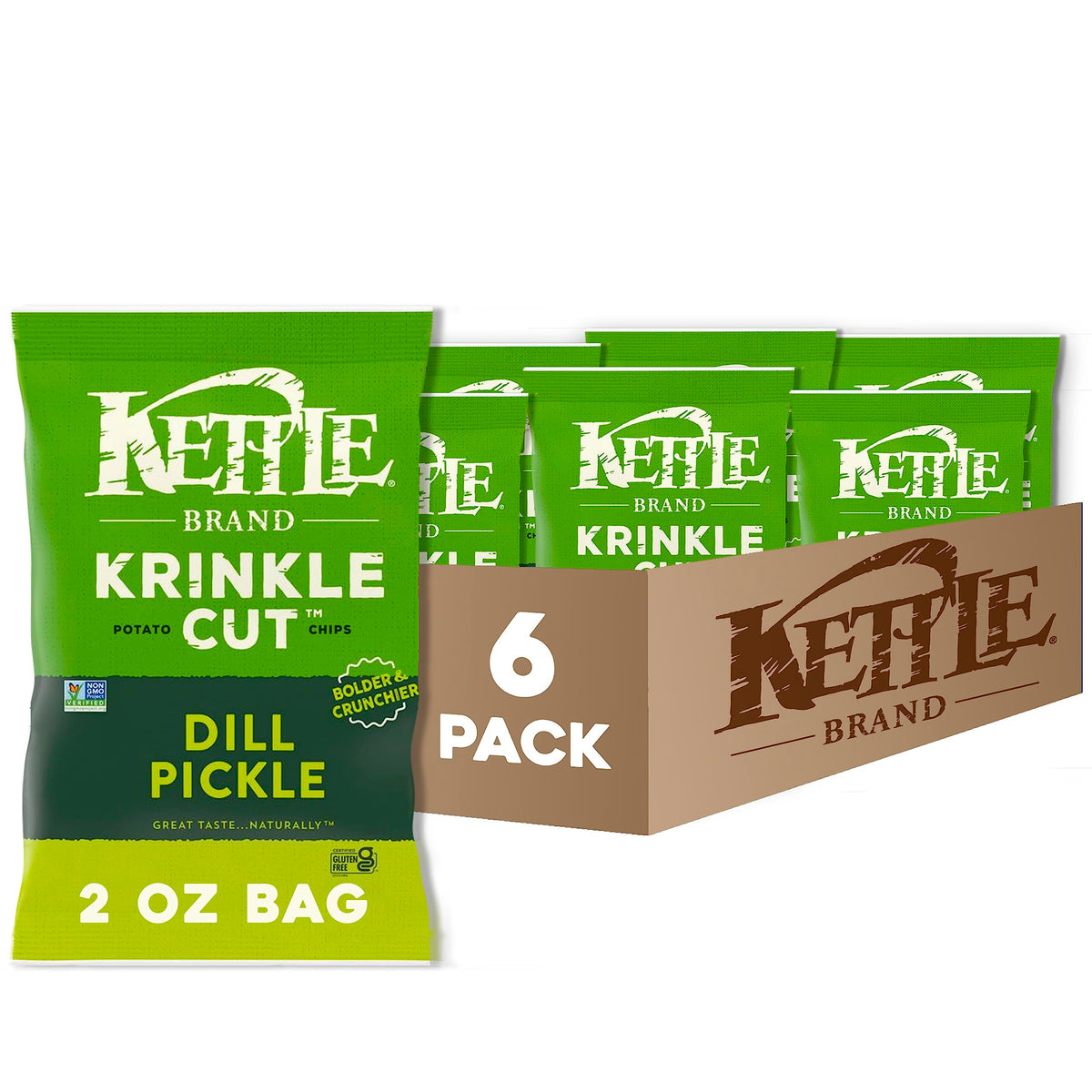 Kettle Brand Potato Chips, Krinkle Cut, Dill Pickle Kettle Chips, Snack Bag 2 Oz (Pack of 6)