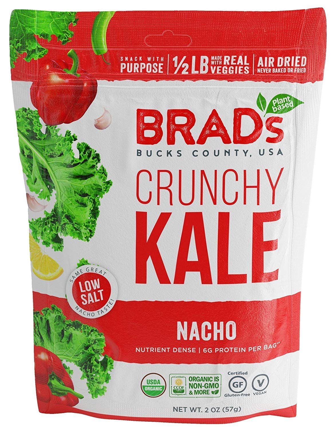 Brads Plant Based Organic Crunchy Kale, Nacho, 6 Bags, 12 Servings Total