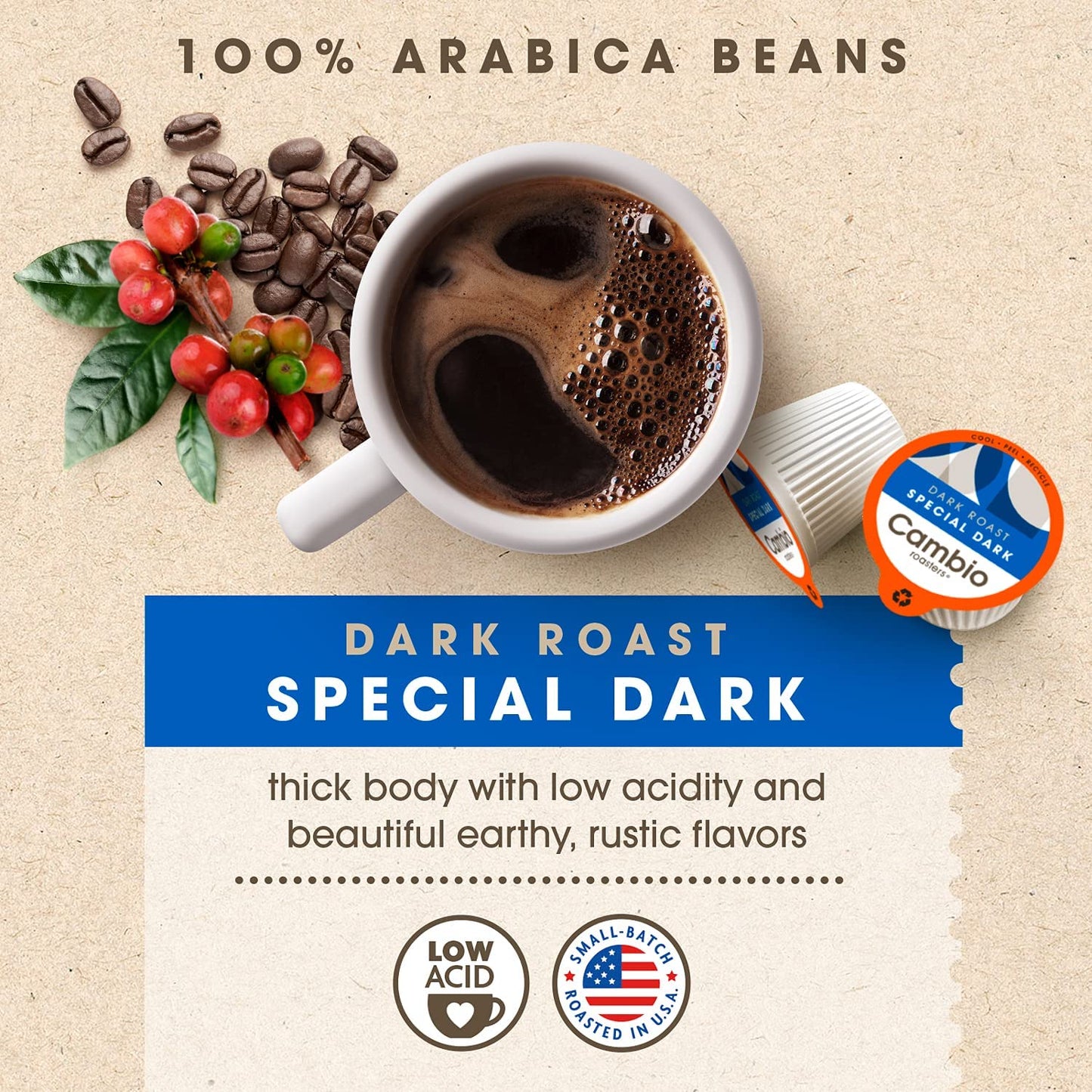 Cambio Roasters® Dark Roast Coffee Pods Recyclable Aluminum K Cup Dark Roast Coffee Pods Dark Roast, 10 Count, Kcup Compatible, 100% Arabica Beans