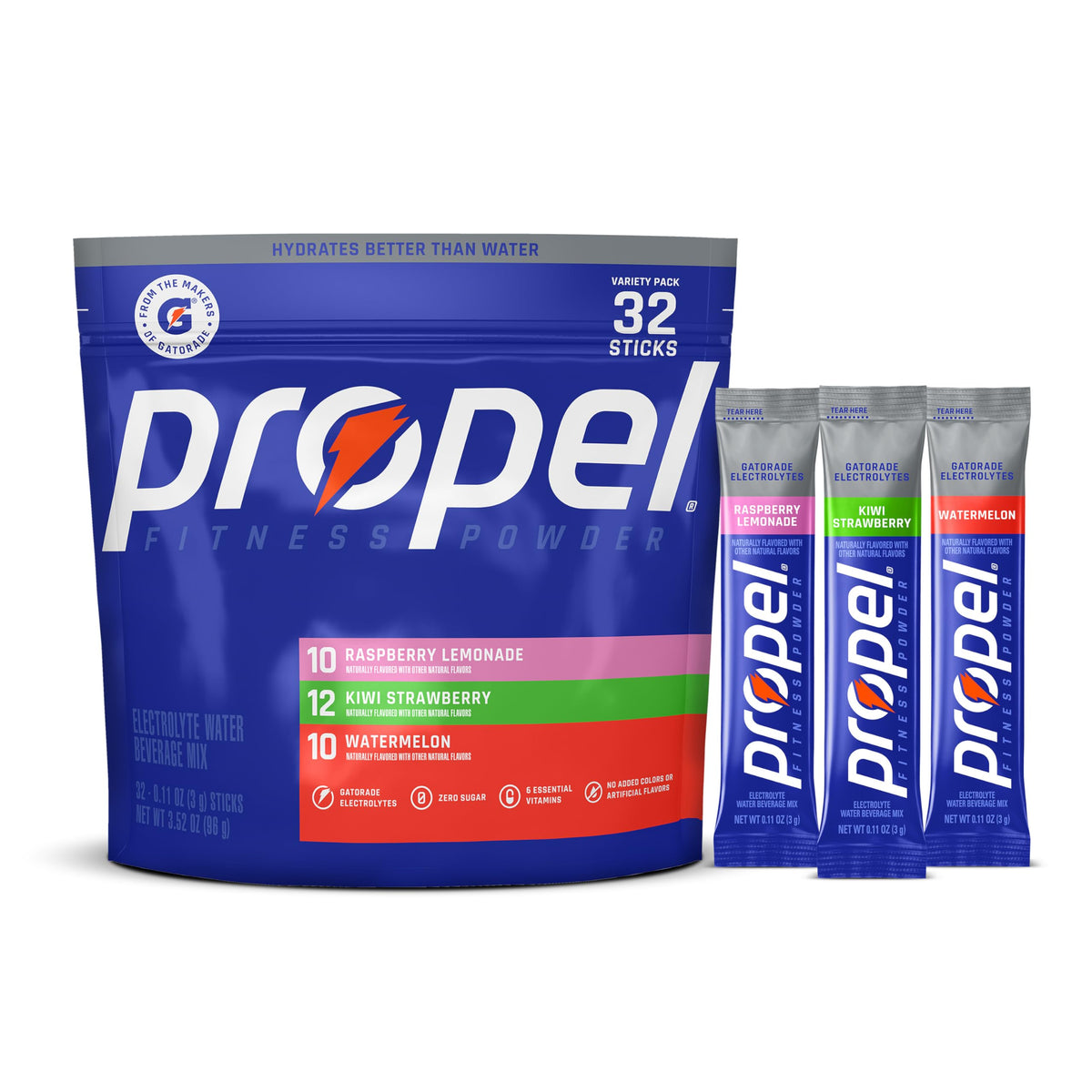 Propel Electrolyte Powder Drink Mix, Packets, 3 Flavor Variety Pack, (32 Servings), Zero Sugar, Enhanced Water Beverage, Gatorad