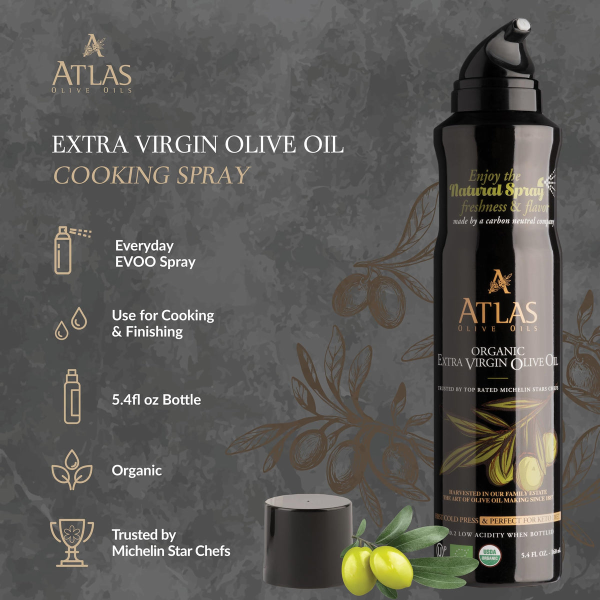 A ATLAS OLIVE OILS Olive Oil Spray, Extra Virgin, Non-Stick, Cold Pressed, 5.4 oz, 6 Pack