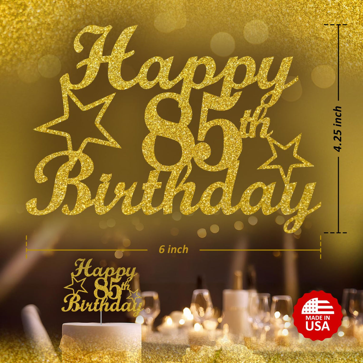 RokAPary 85 Birthday Cake Topper Gold Glitter, Sturdy Acrylic, 1 Count, Made in USA
