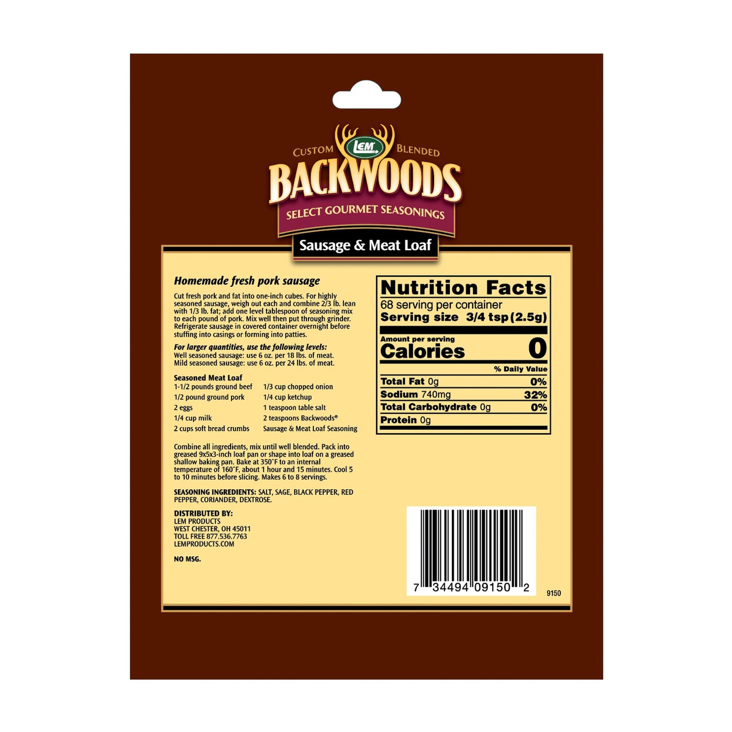 LEM Products Backwoods Sausage and Meatloaf Seasoning, Ideal for Wild Game and Domestic Meat, Seasons Up to 24 Pounds of Meat, 6