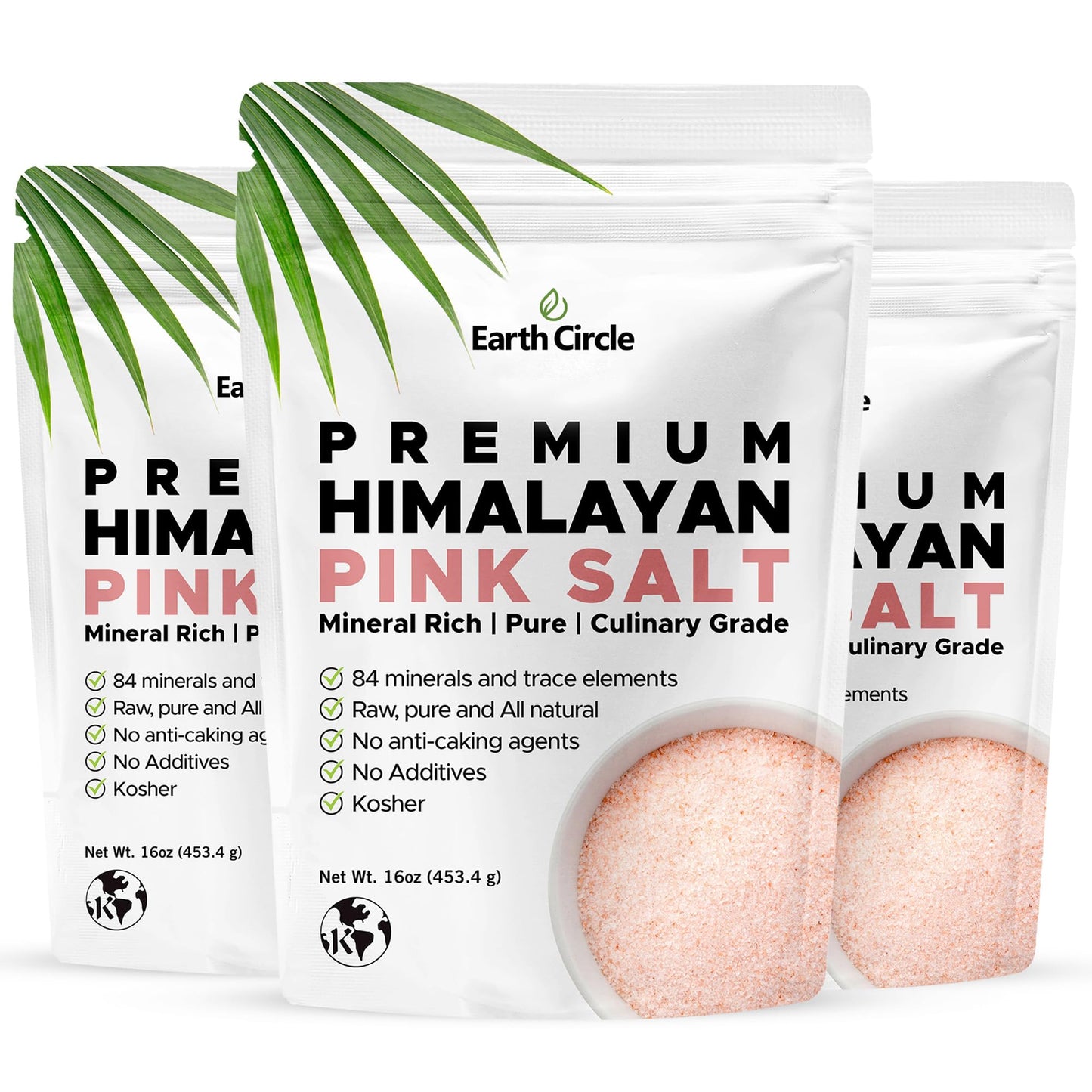 Earth Circle Premium Himalayan Pink Salt, Culinary Grade, 16 Ounce (Pack of 3)