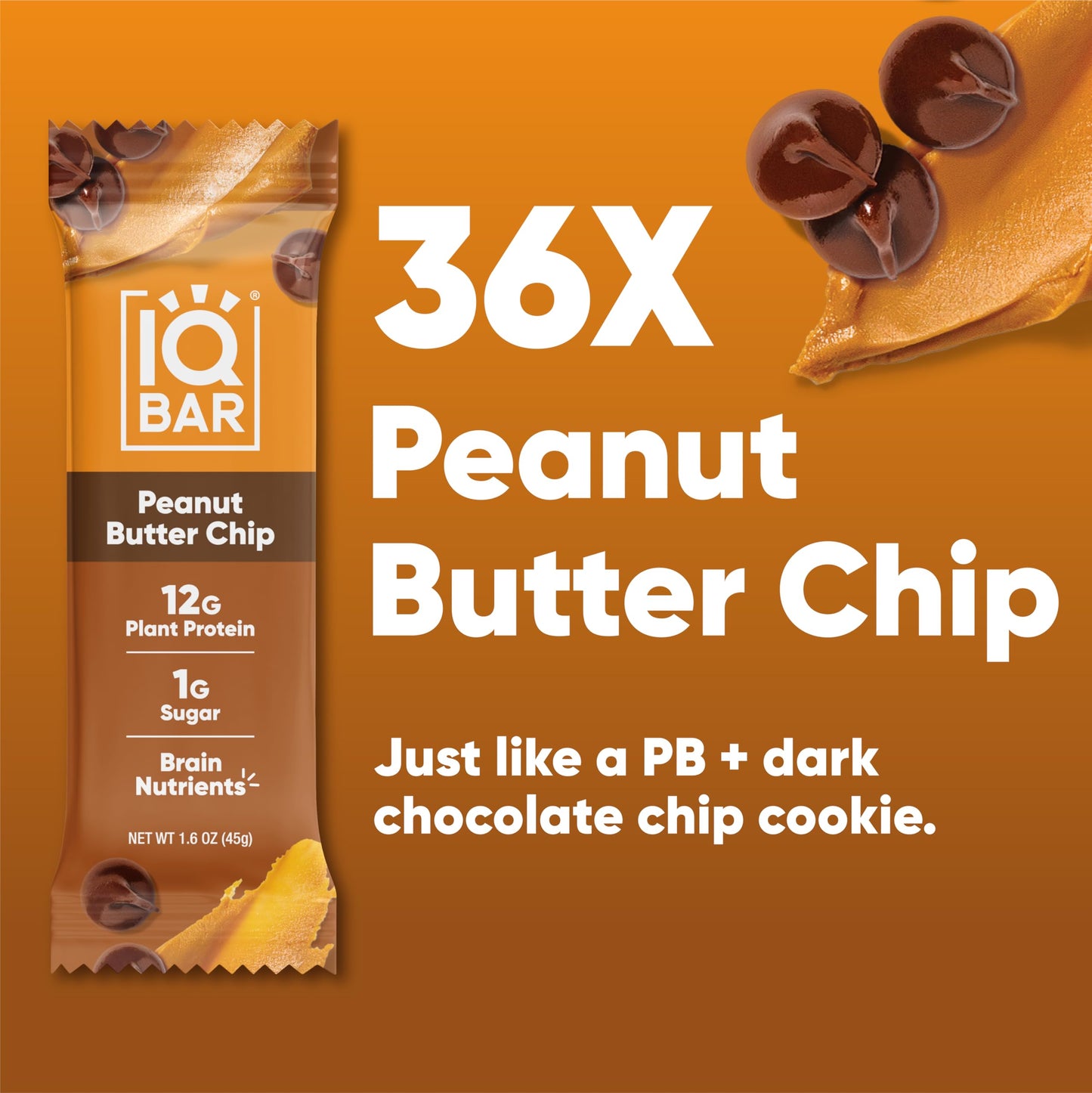 IQBAR Plant Protein Bars - Peanut Butter Chip - Gluten Free, Vegan - 12 Count (Pack of 3) - Low Carb, High Fiber, Low Sugar Snacks