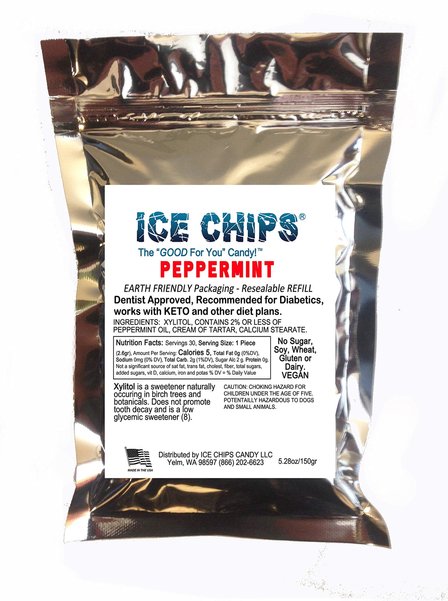Ice Chips Xylitol Candy In Large 5.28 Oz Resealable Pouch; Low Carb & Gluten Free (Peppermint)