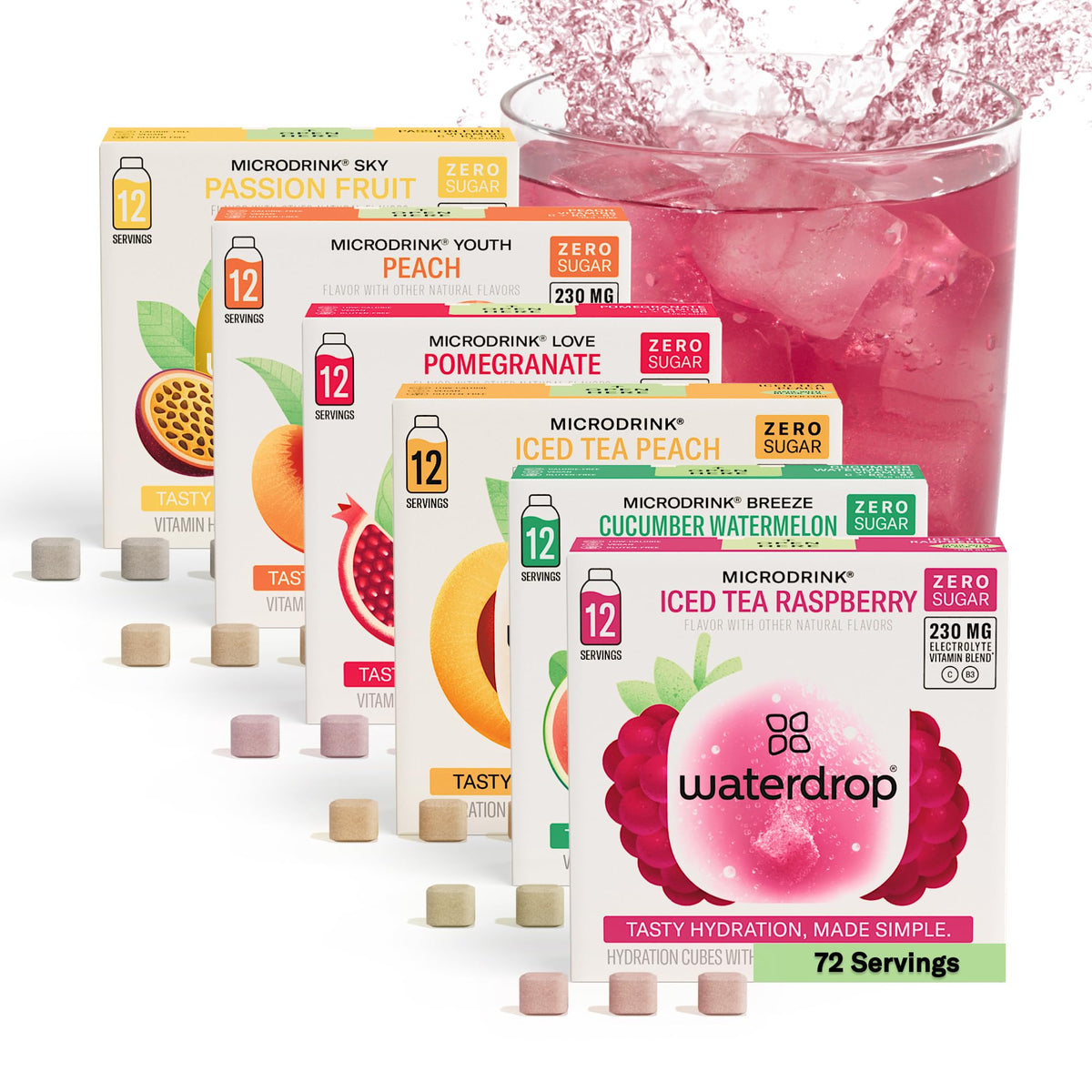 Waterdrop Hydration Cubes, 6 Flavor Variety Pack, Vitamin C, E, B1, B3, B6, B7, B8 & Electrolyte Drops for Still & Sparkling Wat