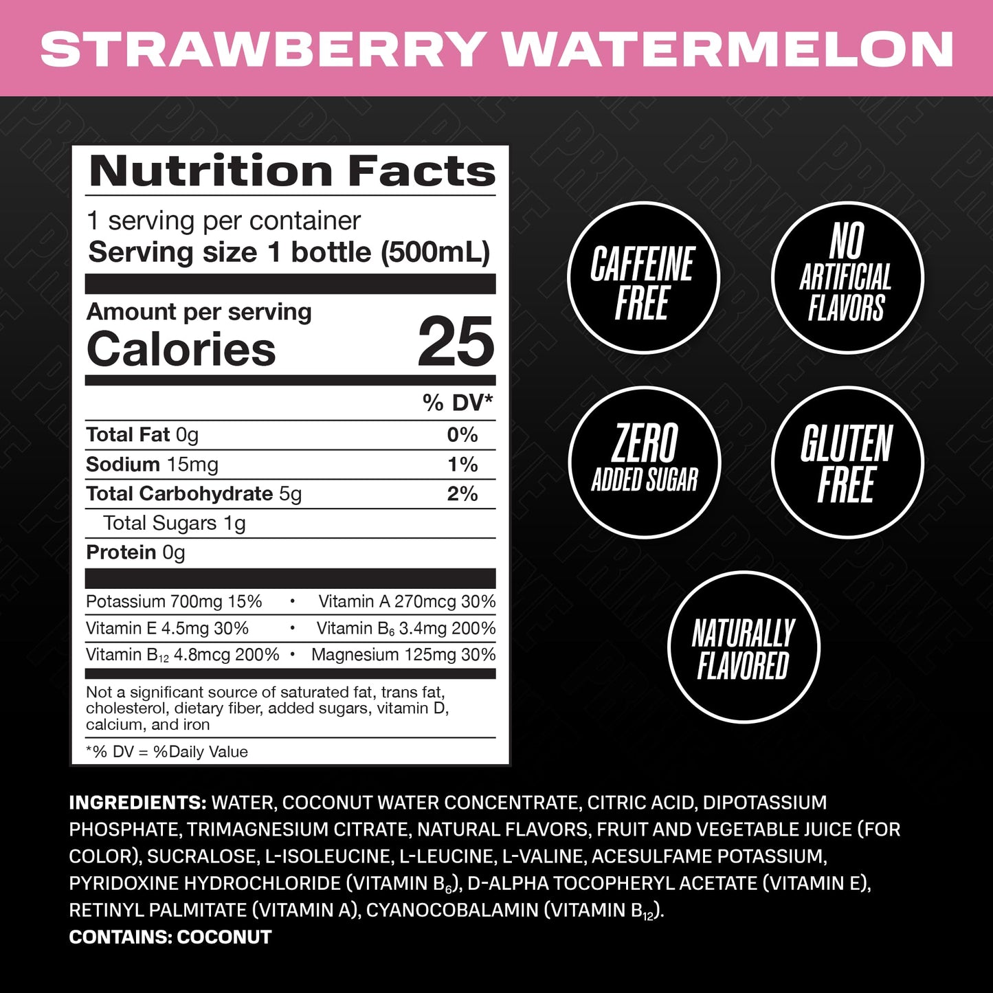 PRIME HYDRATION Sports Drink, Strawberry Watermelon, Electrolyte Enhanced, 250mg BCAAs, 16.9 Fl Oz, Pack of 12