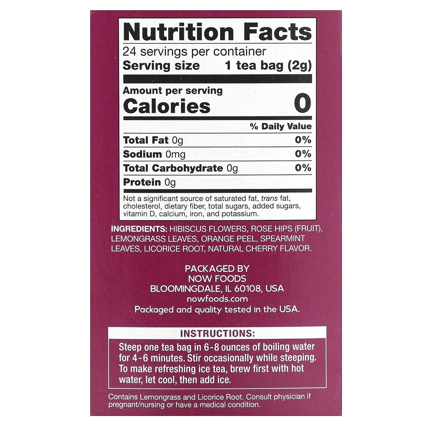 NOW Foods Hibiscus Herbal Punch Tea, Caffeine Free, 24 Tea Bags, Everyday Wellness, Model NOW04266