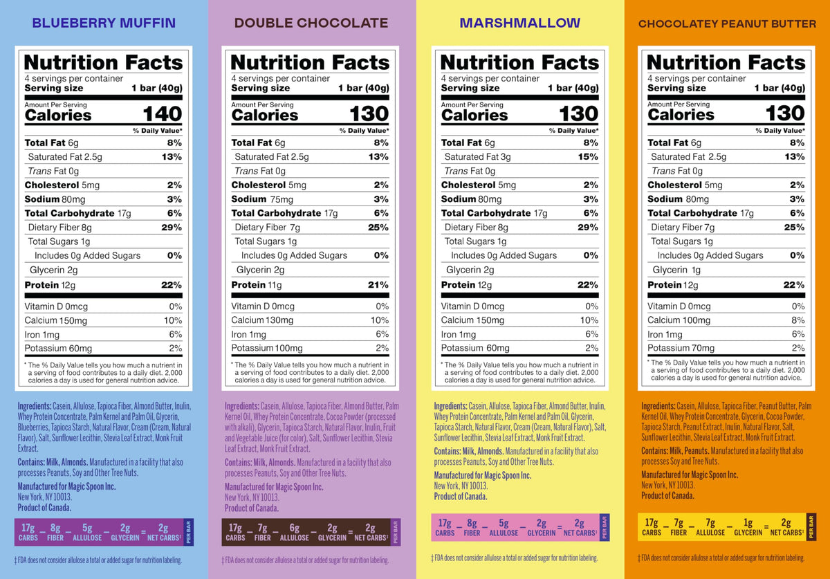 Magic Spoon High Protein Bars - Low Carb, Keto Friendly, 4 Pack (Marshmallow, Chocolate PB, Blueberry Muffin, Double Chocolate)