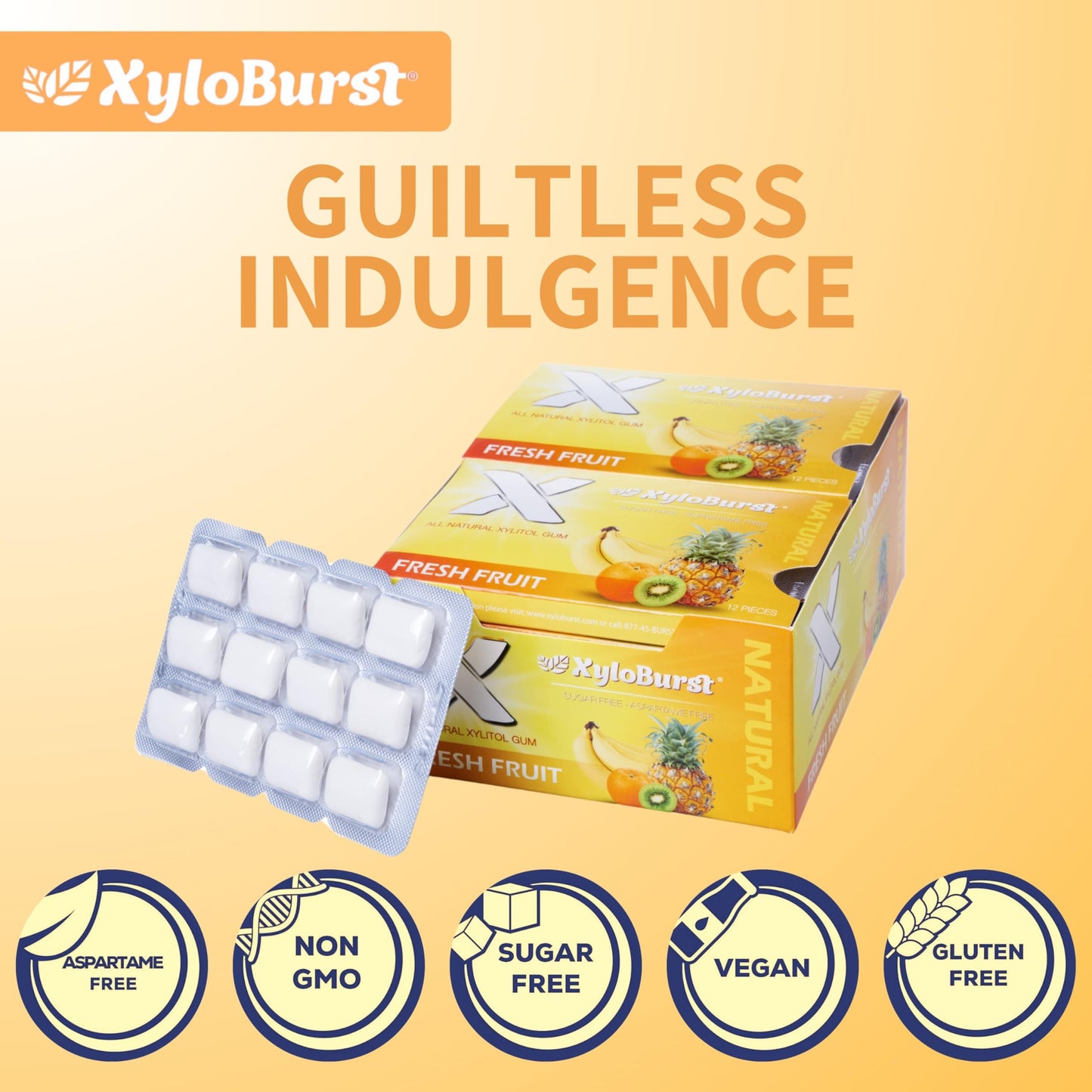 Xyloburst Gum | Xylitol Chewing Gum | Sugar Free, Gluten Free, Keto Friendly | Aspartame Free Gum For Oral Health | Fruit | 12 P
