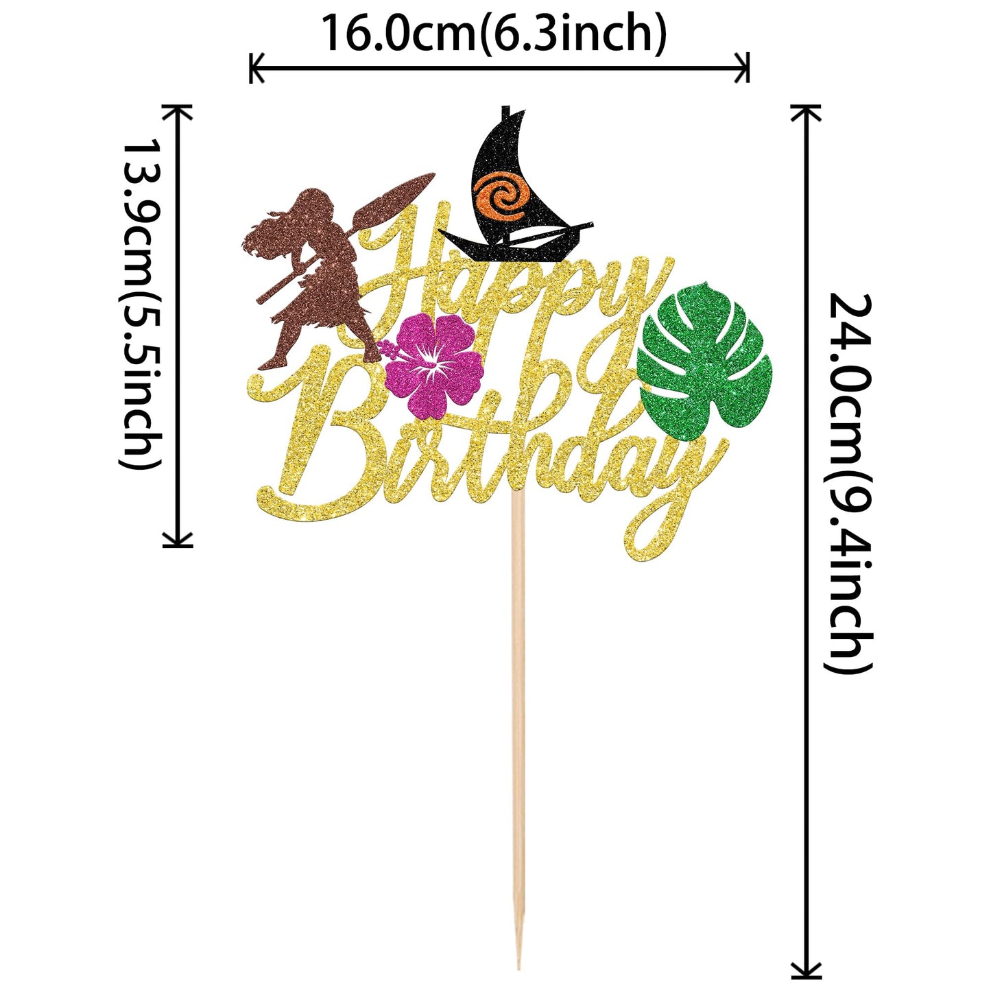 ZHUOWEISM Moana Birthday Cake Topper - Tropical Luau Decorations, Palm Leaf & Flower Design, Gold