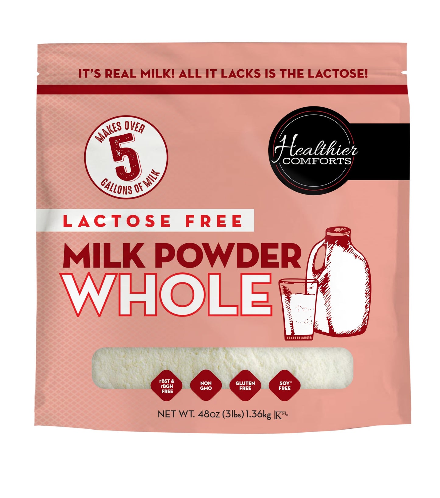 Healthier Comforts Lactose Free Whole Milk Powder, Non-GMO, Gluten Free, 48 oz, Ideal for Baking and Coffee Creamer