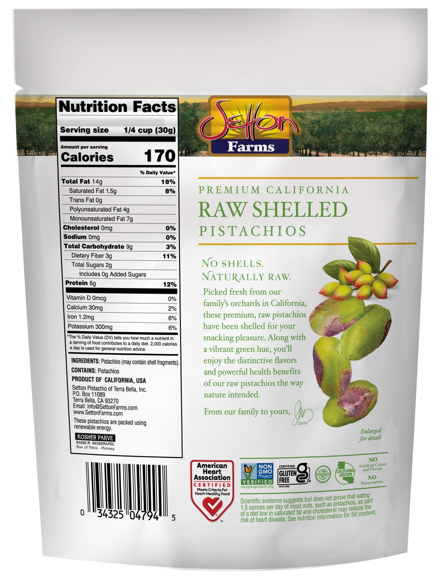 Setton Farms Shelled Pistachios, Non-GMO, Gluten Free, Vegan, 20 oz Value Bag, Raw