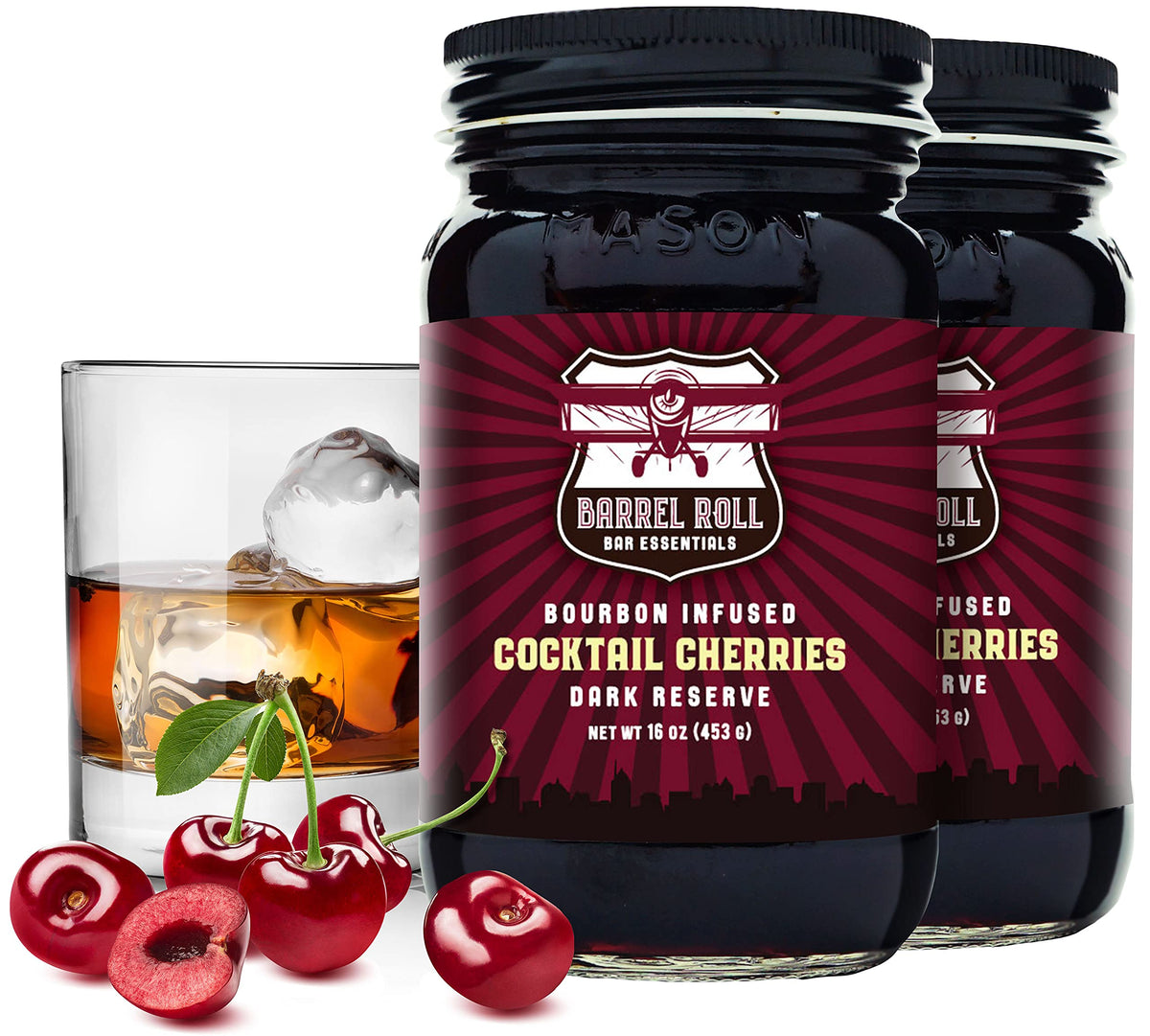 Barrel Roll Bar Essentials Mixed Flavor Cherries - Top-Grade Flavor Blend-Infused Dark Cherries For Mixed Flavors  Beverage-Style Drinks  Cheese Plates  Ice Cream Toppings - Slow-Cooked  Usa-Made Garnish - 2 X 16 Ounces