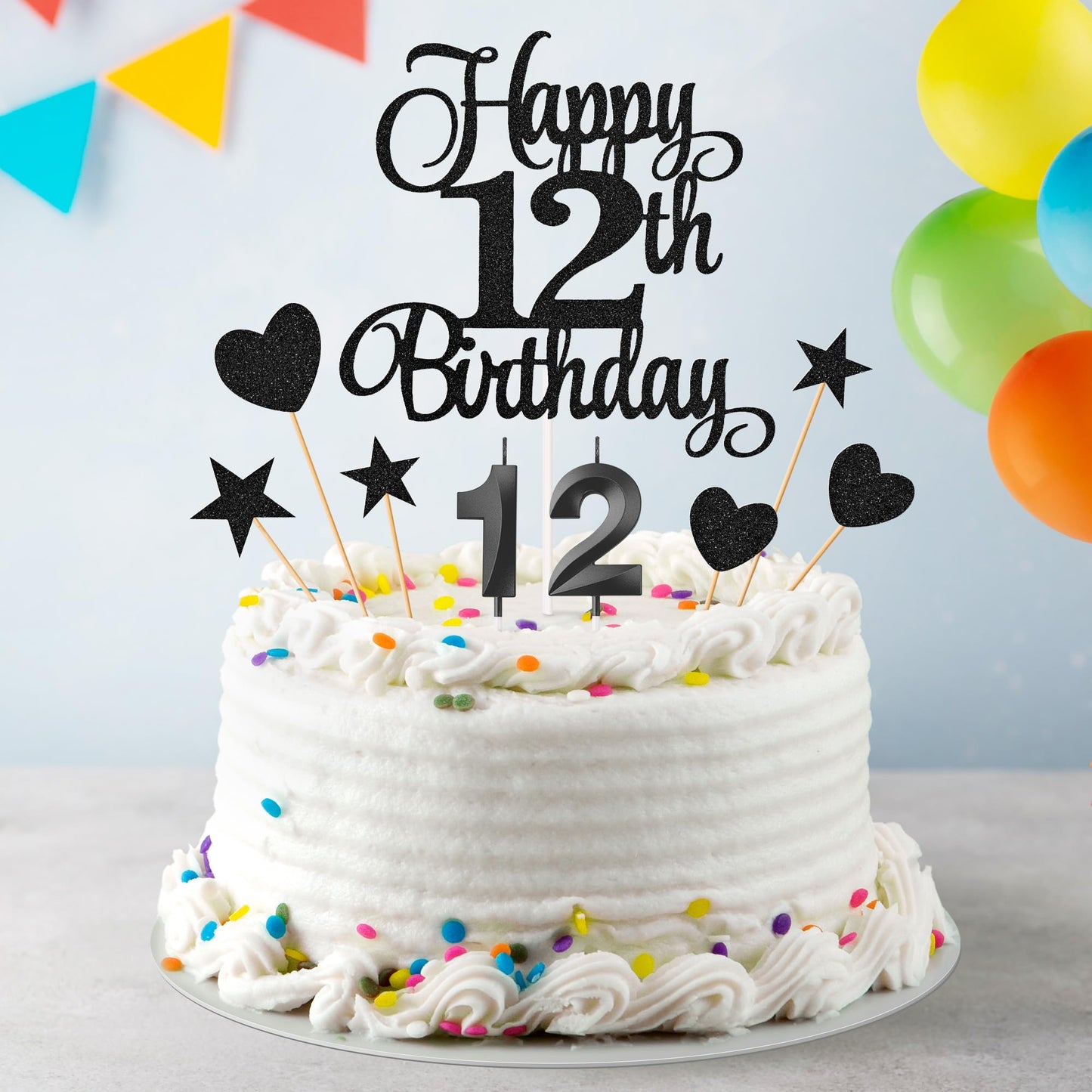 Lecferrarc 12th Birthday Cake Decorations Set, Glitter Happy 12th Birthday Toppers, Black, Paper, Includes Numeral Candles