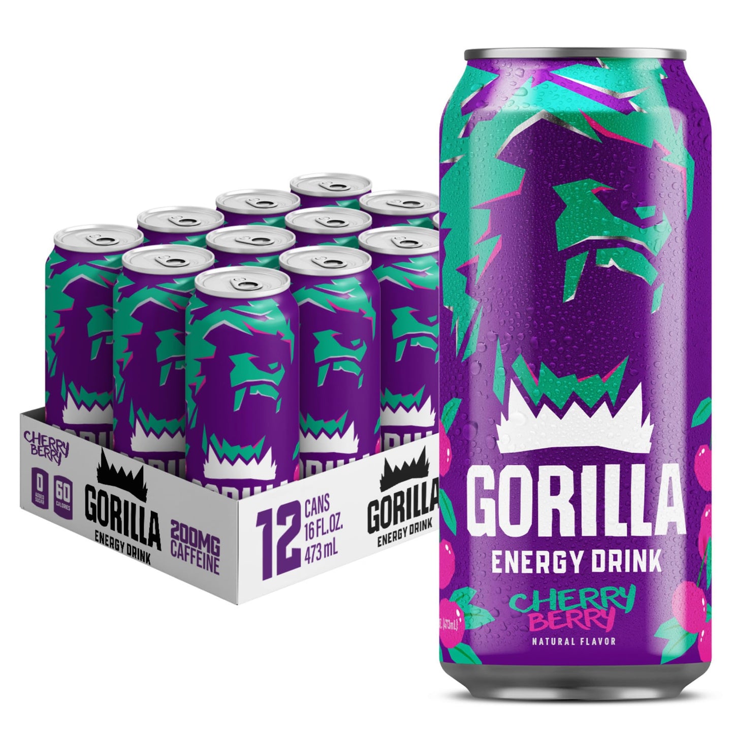 Gorilla Energy Drink, Cherry Berry, 200Mg Natural Caffeine, Real Fruit Juice Squeezed & Concentrated, L-Theanine, Taurine, Ginseng, Acetyl L-Carnitine, No Added Sugar And No Artificial Colors, 12 Pack