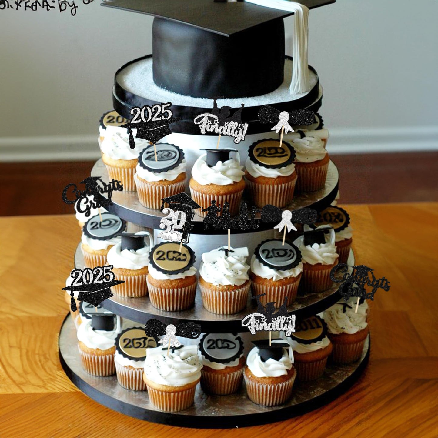 Gyufise 24Pcs Graduation Cupcake Toppers 2025 Silver Glitter Class Of 2025 Cupcake Toppers Supplies Diploma I Did It Congrats Gr