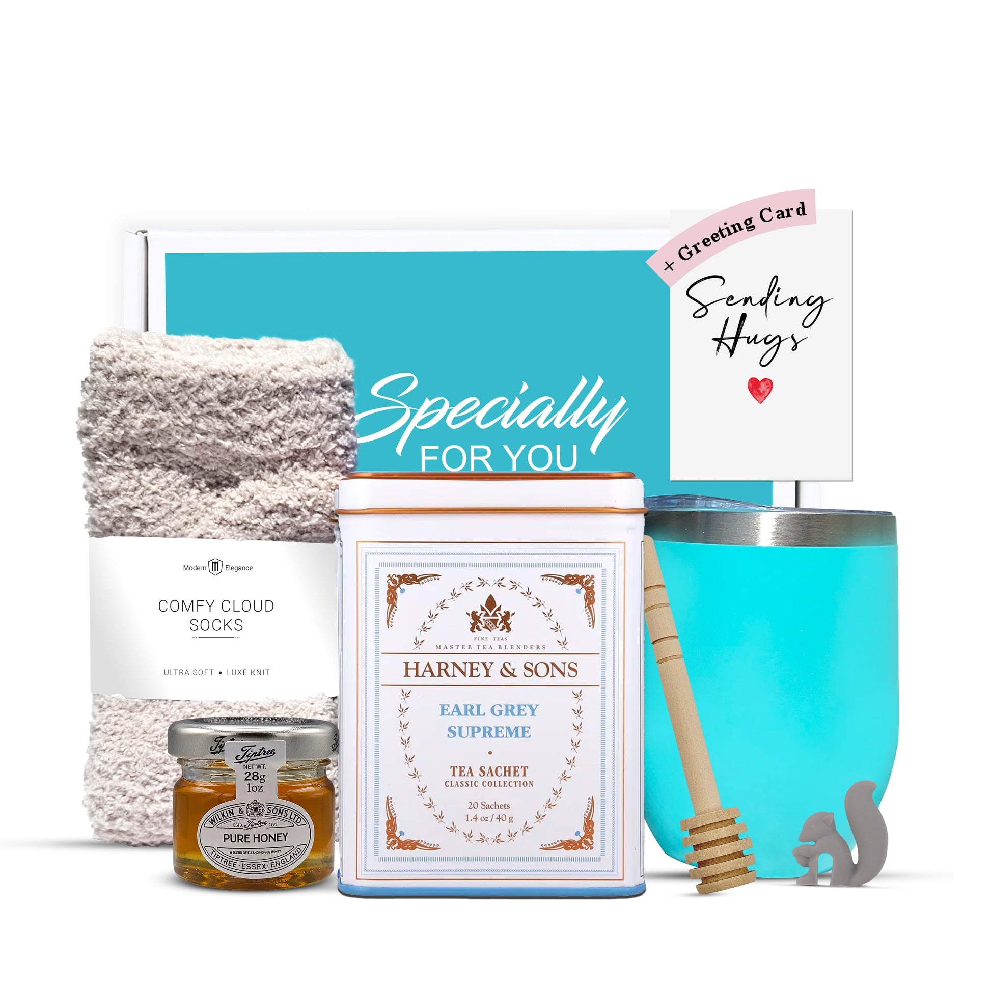 Modern Elegance Tea Gift Set for Women - Earl Grey Tea, Cozy Socks, Stainless Tumbler, Honey Jar, Sending Hugs Card