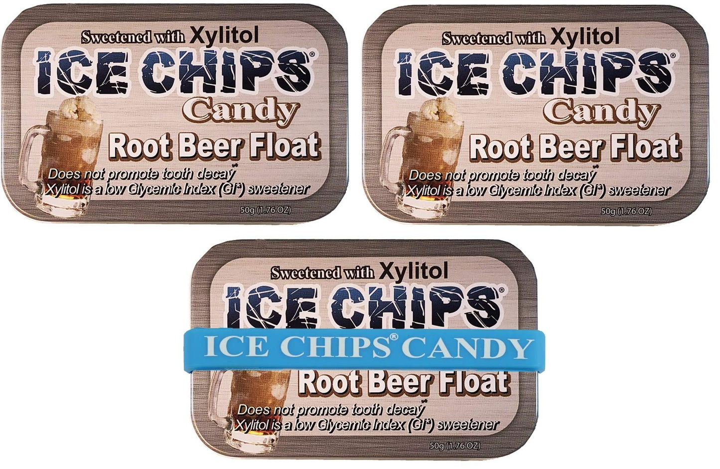 ICE CHIPS Xylitol Candy Tins, Root Beer Float Flavor, 3 Pack, 5.28 oz Total, Model 77S2642