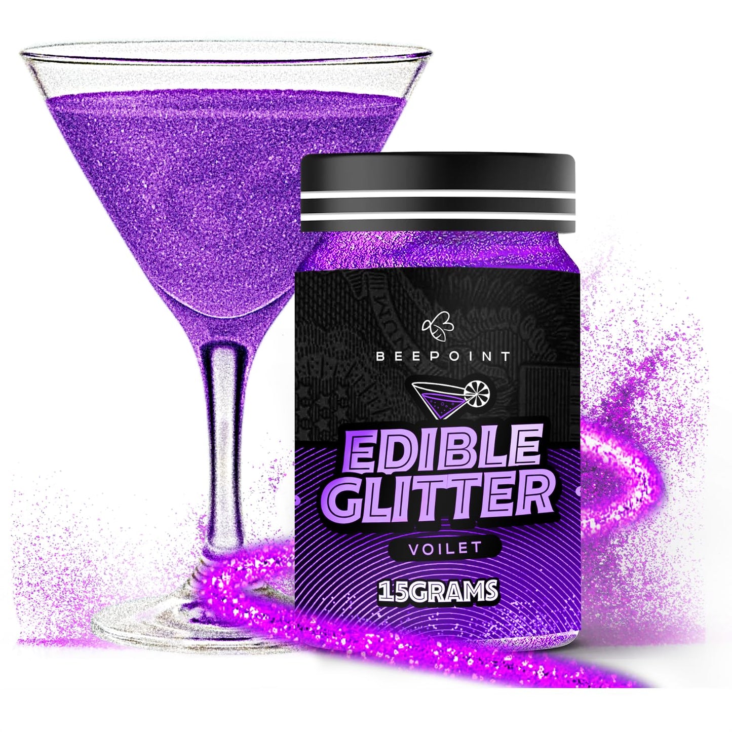 BeePoint Edible Glitter for Drinks, 15g Violet, Food Grade, Vegan, Gluten Free, Perfect for Cocktails, Baking, and Cake Decorating