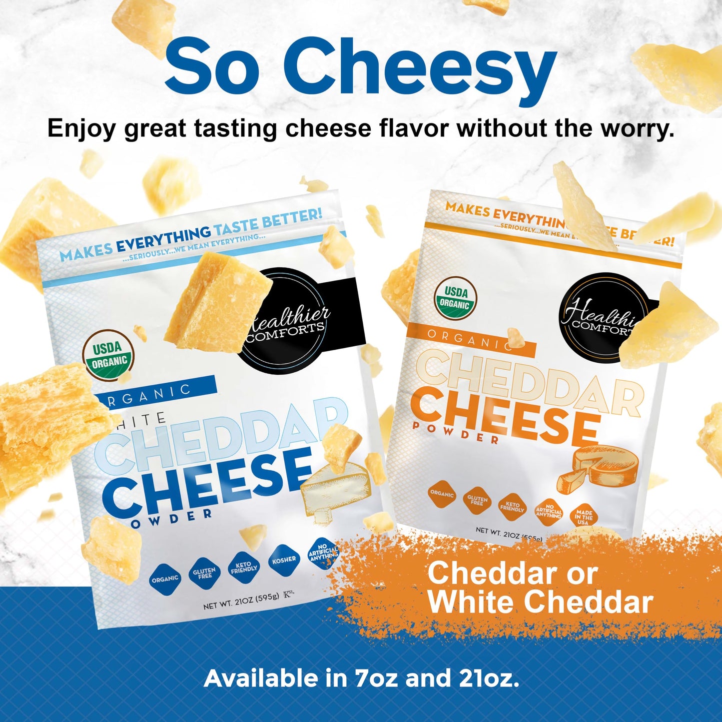 Healthier Comforts Organic White Cheddar Cheese Powder, Gluten Free, Keto-Friendly, 21 oz