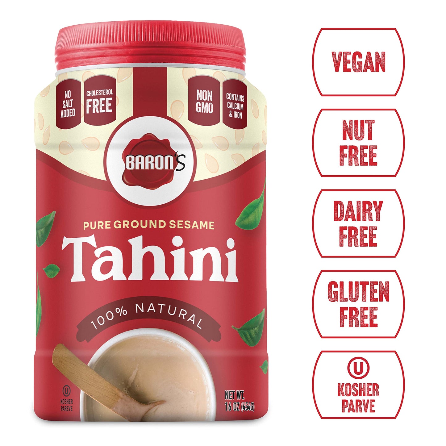 Barons Pure Tahini Sesame Paste | Rich Creamy Spread for Hummus, Dips, Sauces | 4 x 16 oz Jars | Kosher, Vegan, Keto friendly,