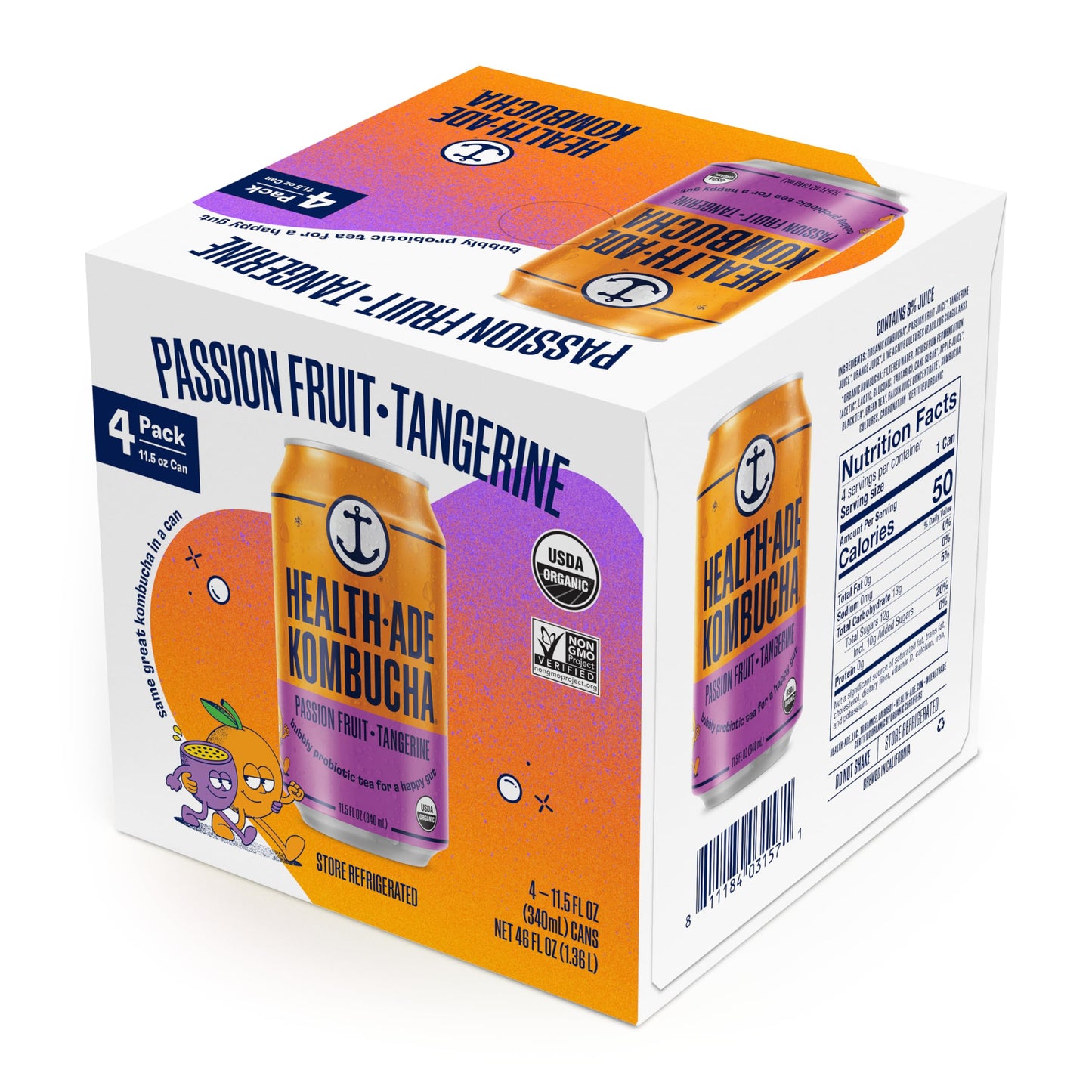 Health-Ade Organic Passion Fruit Tangerine Kombucha Can 11.5OZ 4-Pack, 46OZ