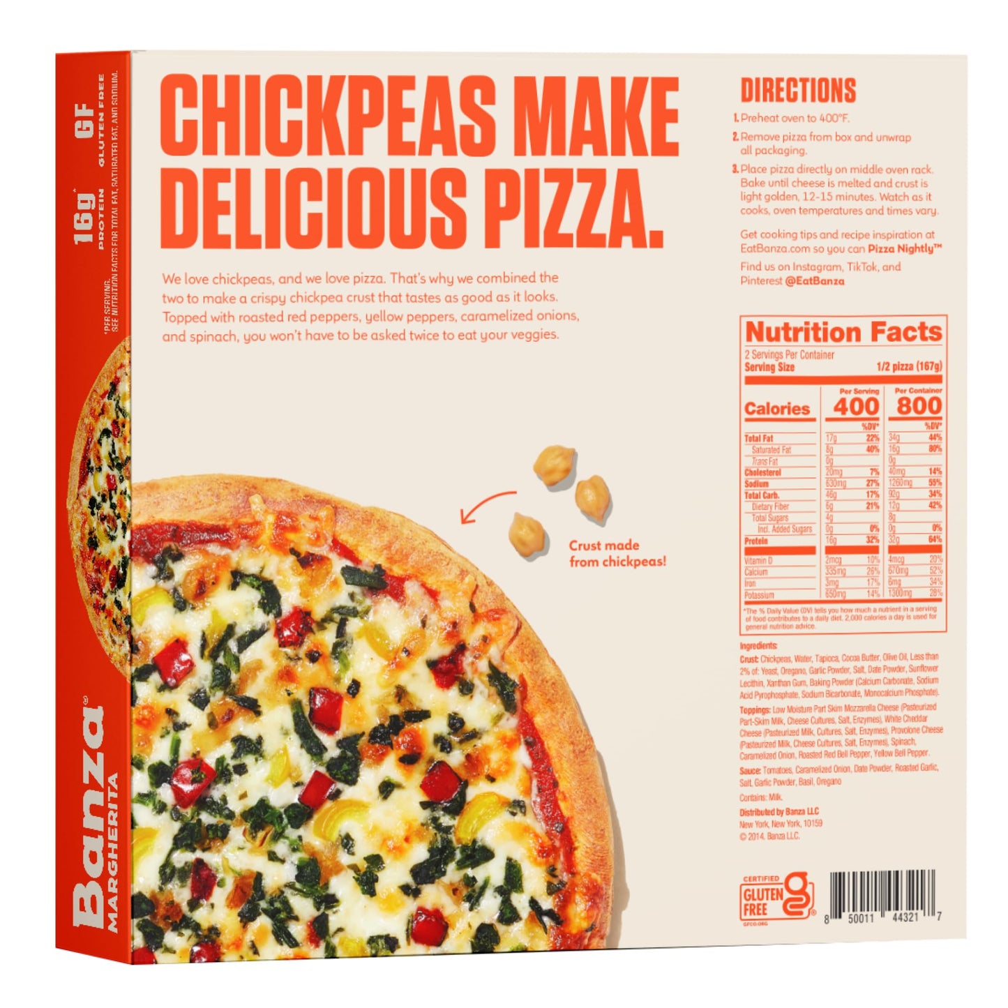 Banza Roasted Veggied Frozen Pizza from Chickpeas - High Protein, Gluten Free, 10.9oz