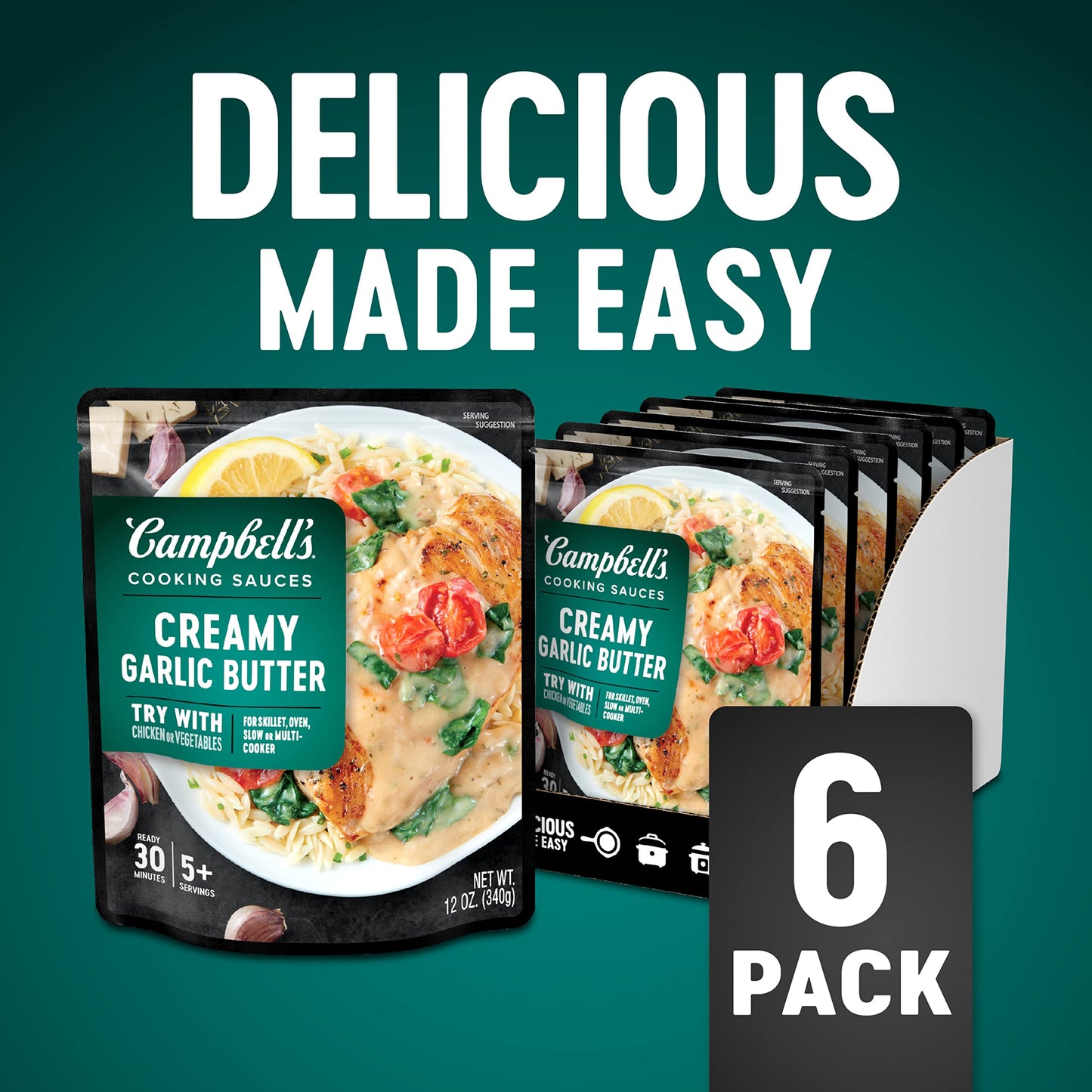 Campbell's Cooking Sauces, Creamy Garlic Butter Sauce, 12 Oz Pouch (Pack of 6)