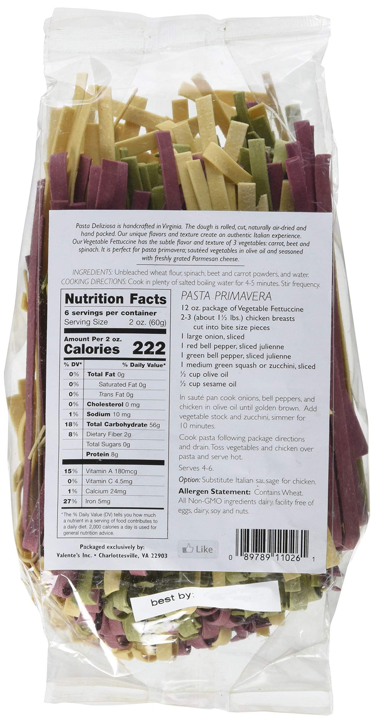 Pasta Deliziosa! Handcrafted Pasta, Vegetable Fettuccine, 12 Ounce