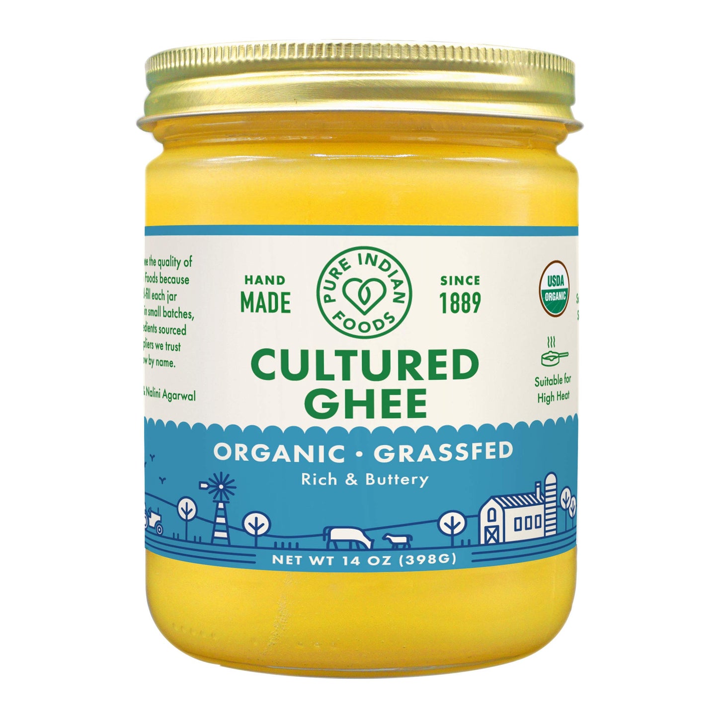Grassfed Organic Cultured Ghee - by Pure Indian Foods,14 oz, Pasture Raised, Lactose Free, Gluten-Free, Non-GMO, Paleo, Keto-Fri