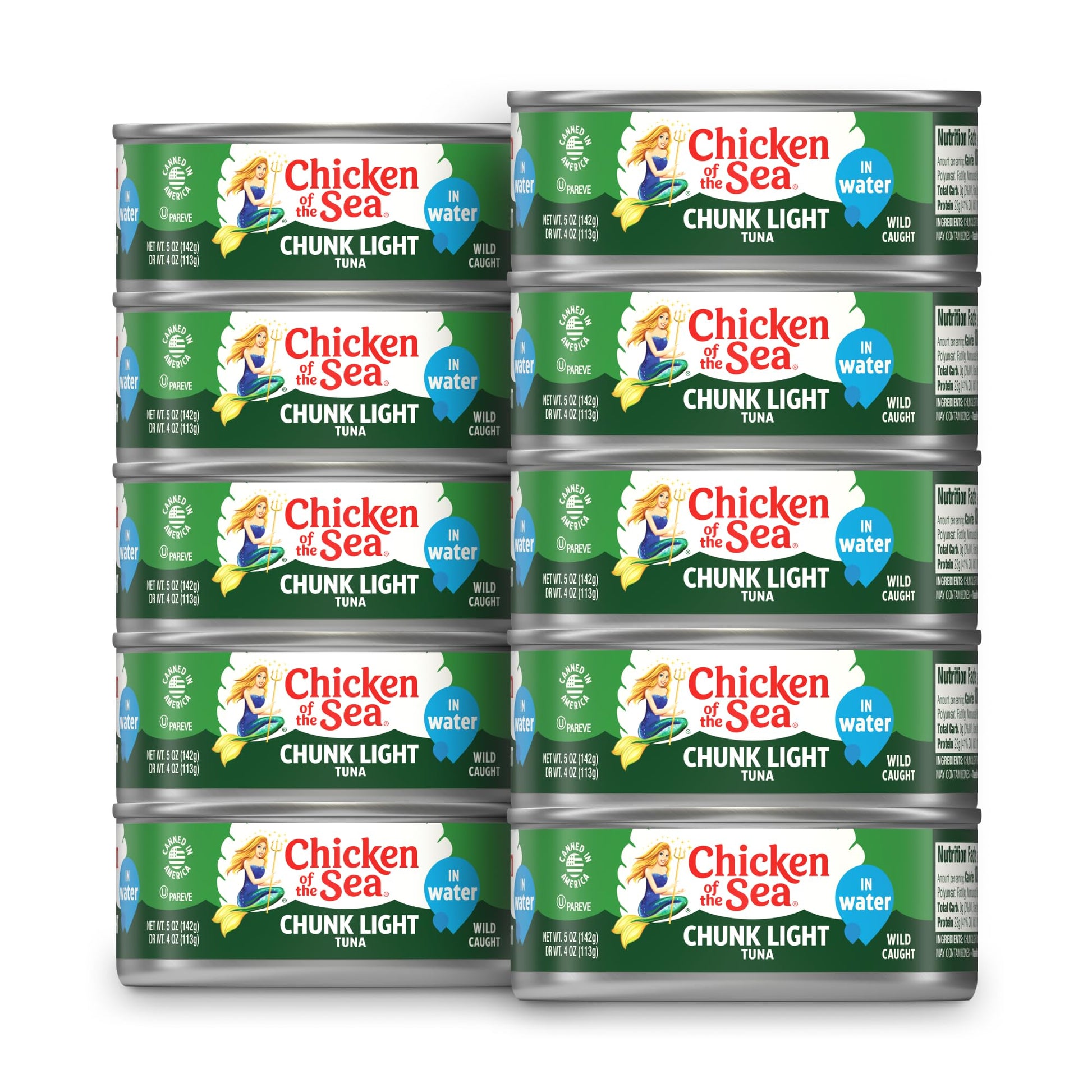 Chicken of the Sea Wild Caught Chunk Light Tuna, 5 Ounce Cans, 10-Count - High Protein 100% Classic Chunk Tuna in Water - Delici