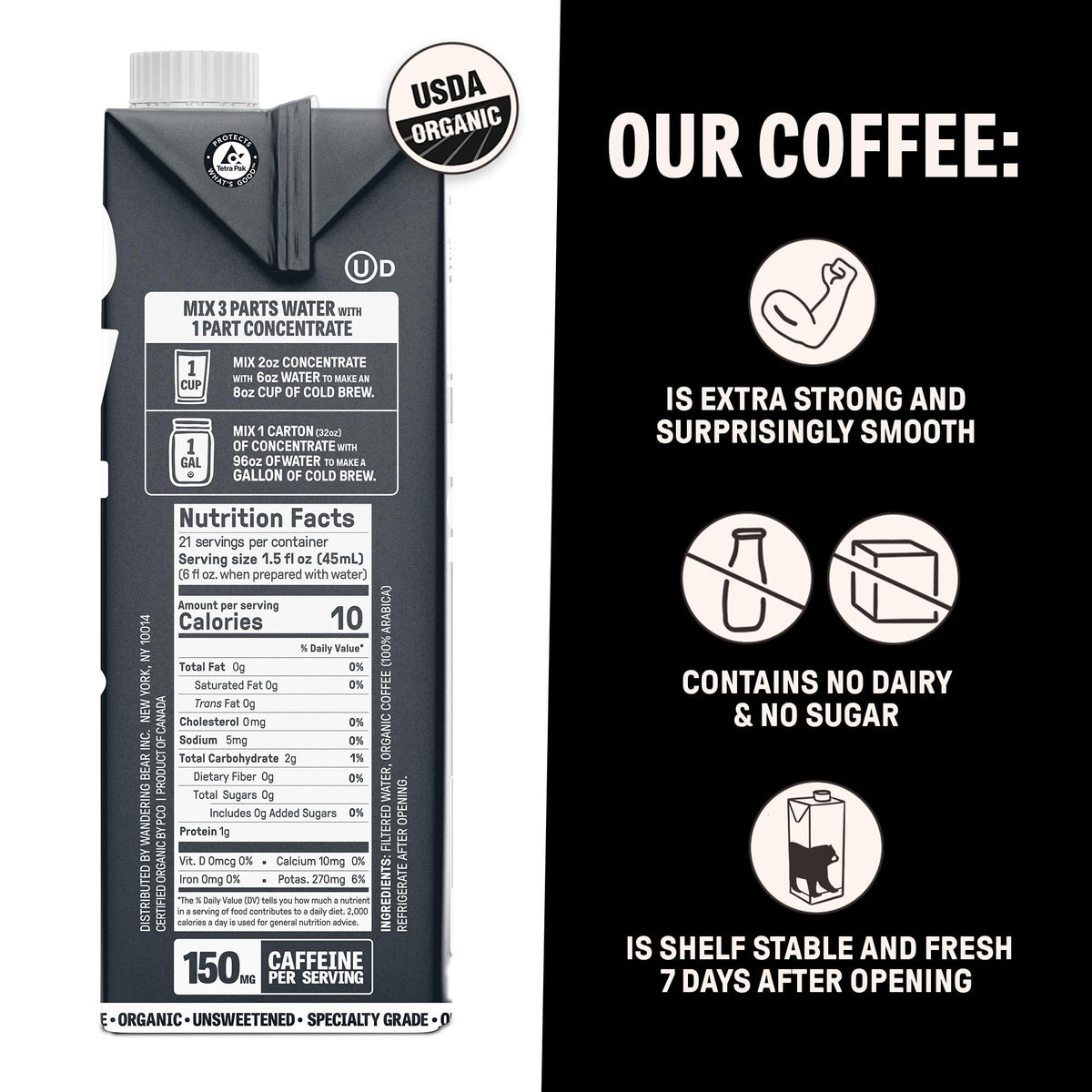 Wandering Bear Organic Coffee Concentrate, Black Coffee, Makes 21 Servings, 32 Fl Oz, 1 Pack - Unsweetened, Specialty Grade, She