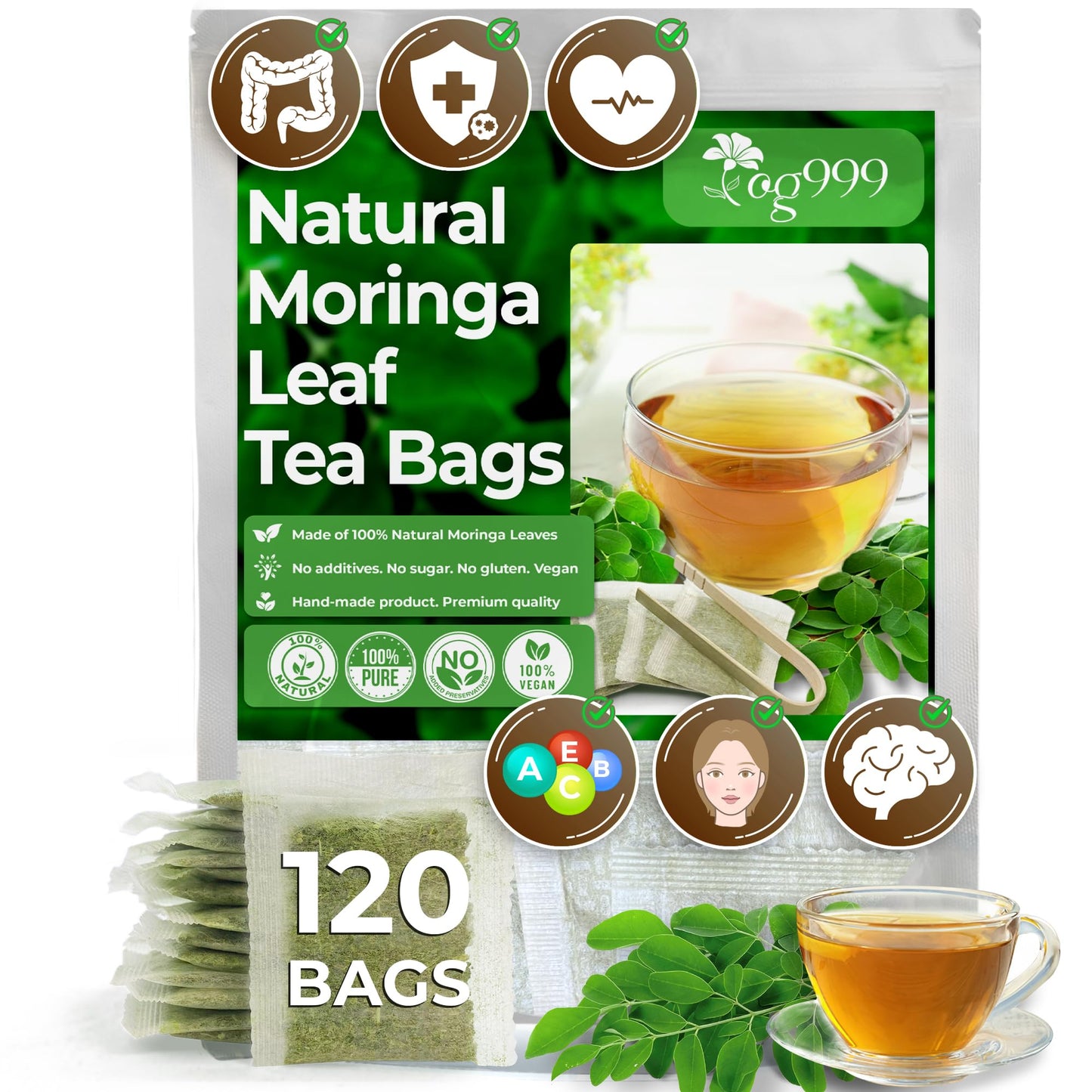 TOG999 Moringa Leaf Tea Bags, 100% Natural & Pure, Vegan, 120 Bags