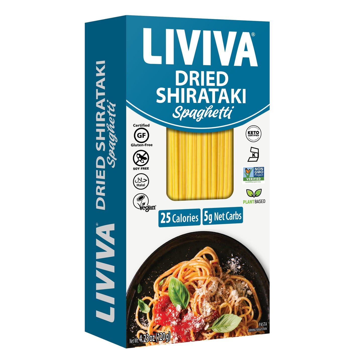 Liviva Foods Dried Shirataki Spaghetti - 6 Pk - Certified Gluten Free, Non-Gmo, Vegan, Halal, Kosher, Plant-Base, Keto & Low Carb, Only 5 Netcarbs, 25 Calories, Diabetic-Friendly, Taste And Cook Like Spaghetti.