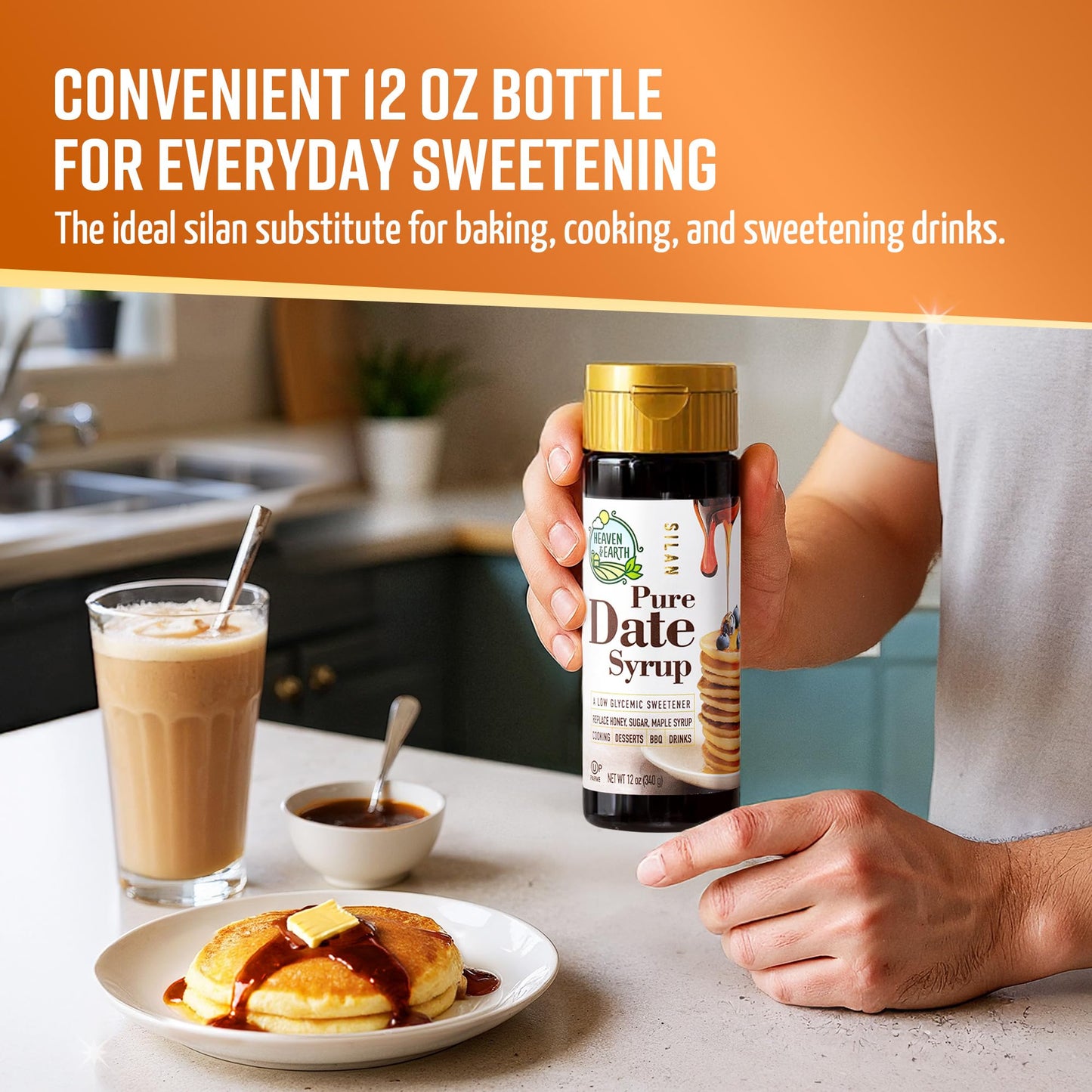 HEAVEN & EARTH Organic Silan Date Syrup, 12 Fl Oz - Natural Honey Alternative, Low Glycemic Index, Kosher
