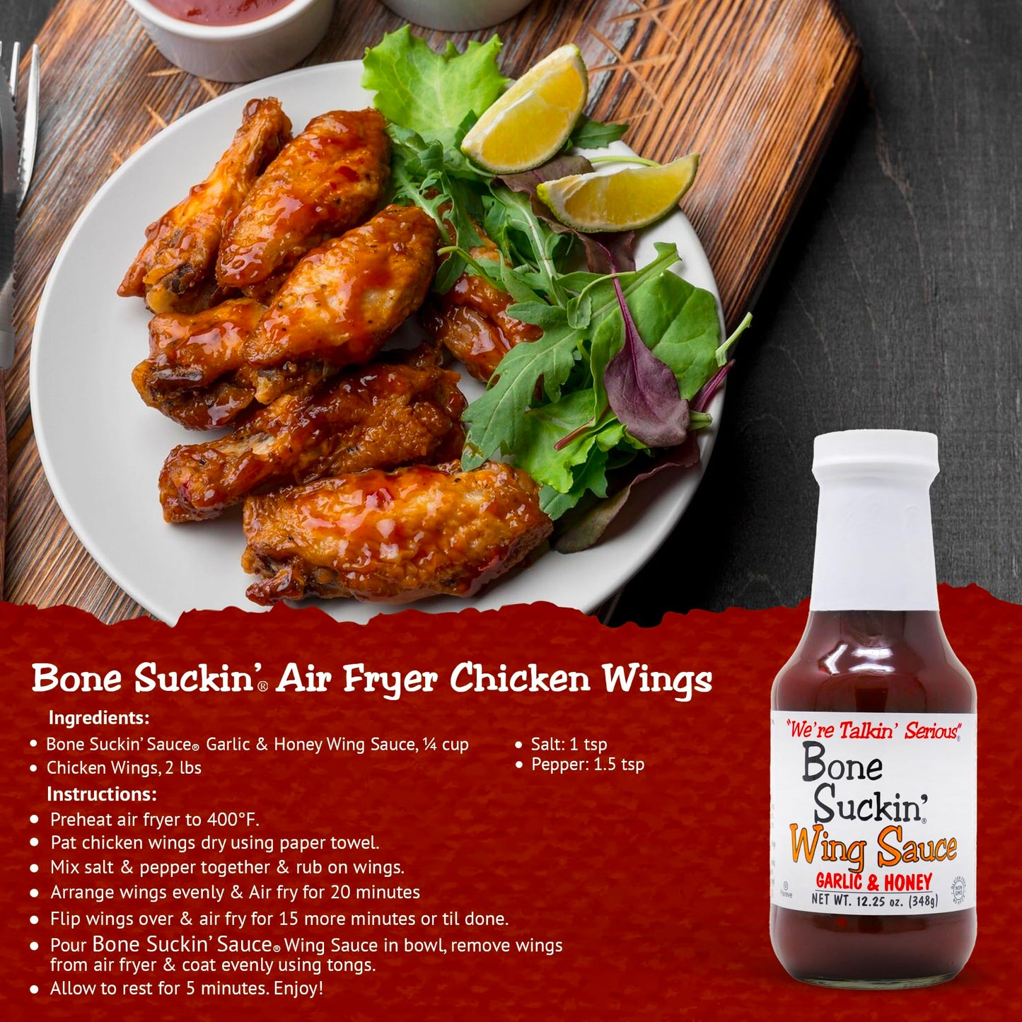 Bone Suckin' Garlic & Honey Wing Sauce, All Purpose Wing Sauce For Chicken Wings, Turkey Wings, Gluten Free, Non Gmo, Kosher, Sw
