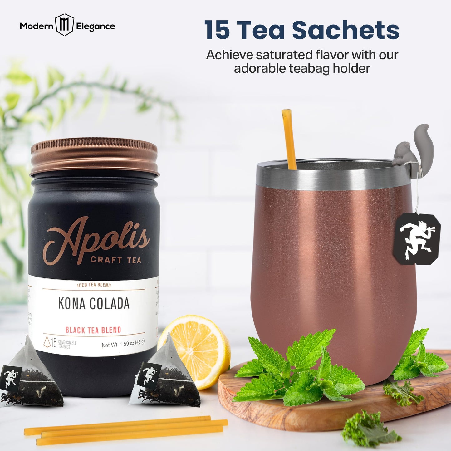 Modern Elegance Tea Gift Set for Women - Includes Cozy Socks, 15 Tea Sachets, 10 Honey Straws, Tea Bag Holder, and Spoon - Kona Colada