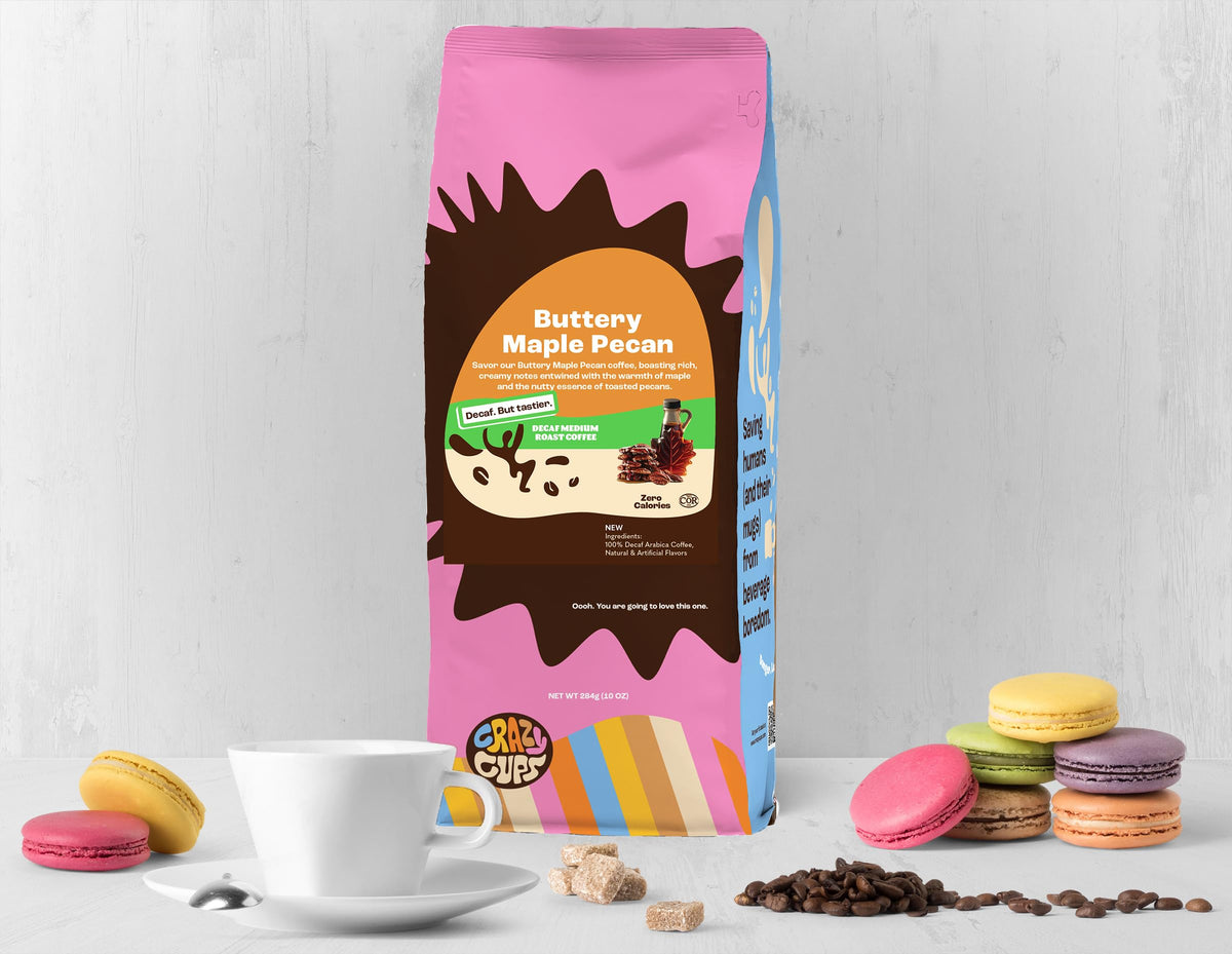 Crazy Cups Decaf Flavored Ground Coffee, Decaffeinated Buttery Maple Pecan Coffee, For Brewing Flavored Hot or Iced Decaf Pecan