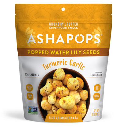 AshaPops Turmeric Garlic Flavored Popped Water Lily Seeds, 1 oz (Pack of 1) - Gluten-Free, Vegan, Paleo, Soy-Free, Non-GMO, Plan