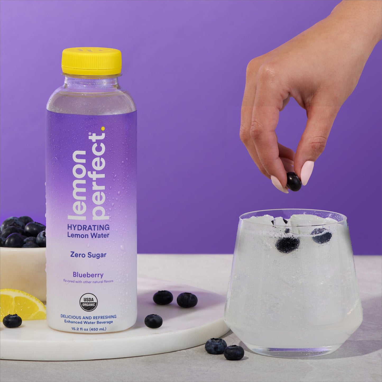 Lemon Perfect Blueberry, Hydrating Flavored Lemon Water, Zero Sugar, Delicious and Refreshing, Organic, 15.2 fl oz Bottles (12-P