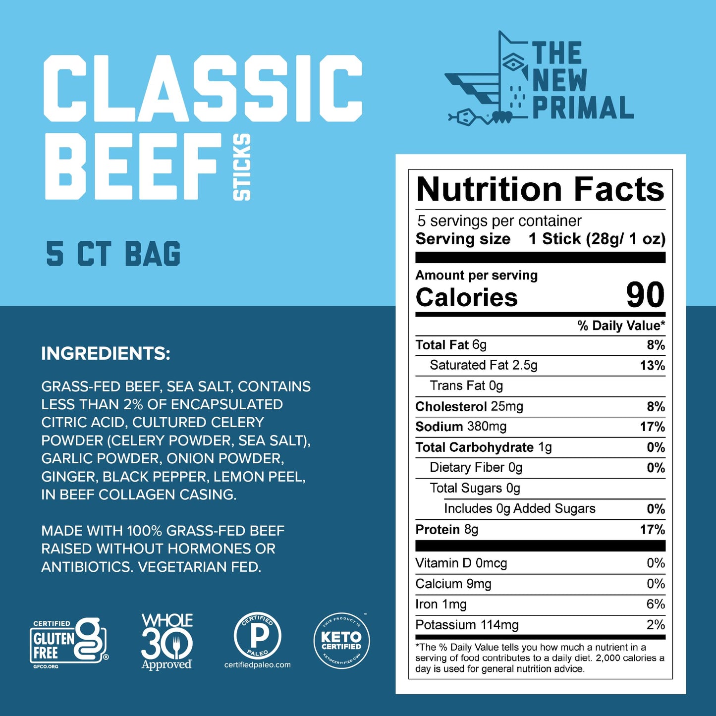 The New Primal Grass Fed Beef Sticks, Keto, Gluten Free, 8g Protein, 5 Count