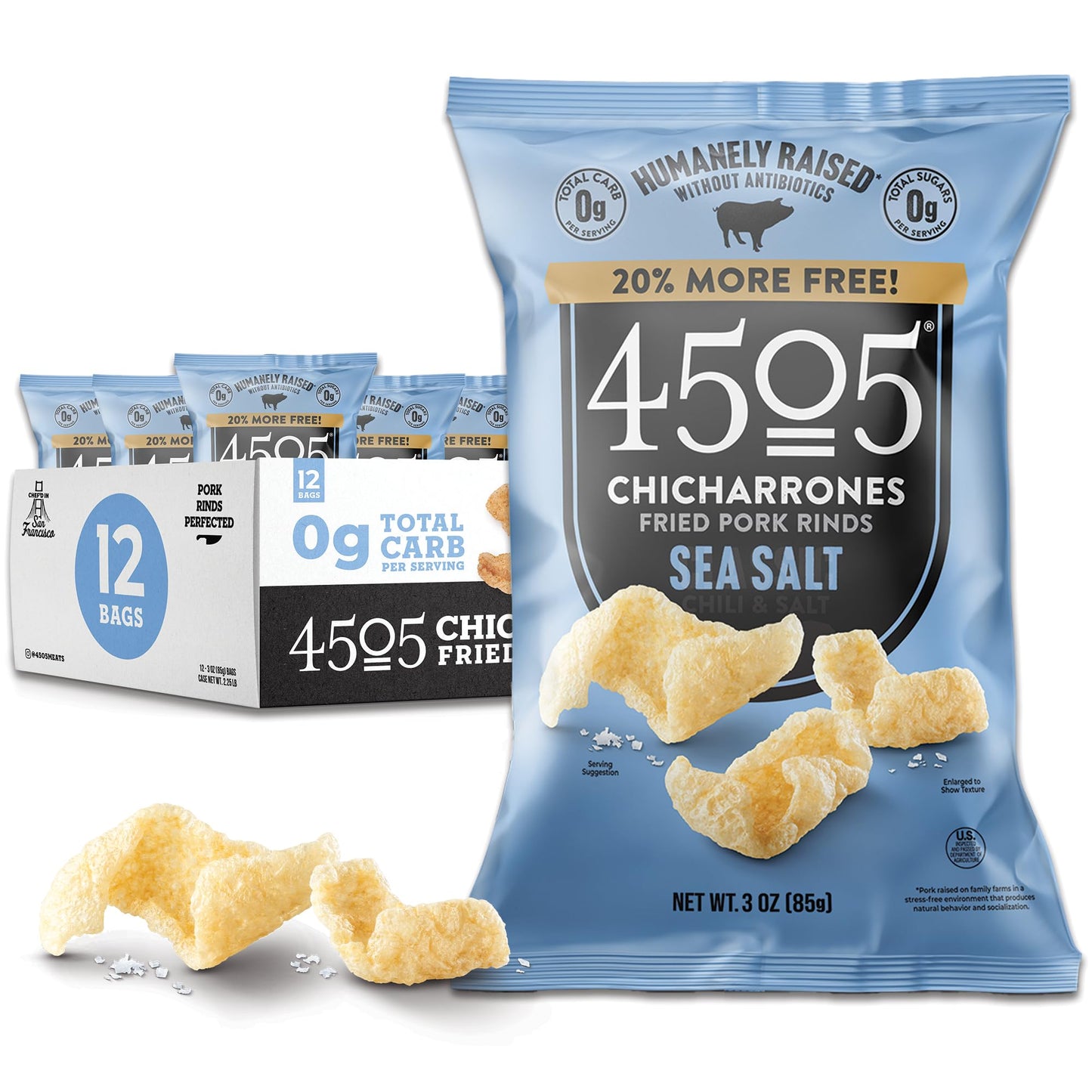 4505 Sea Salt Seasoned Chicharrones, Fried Pork Rinds - Sea Salt Flavored Pork Skins - Low Carb, Gluten-Free, Protein Snack - 3o