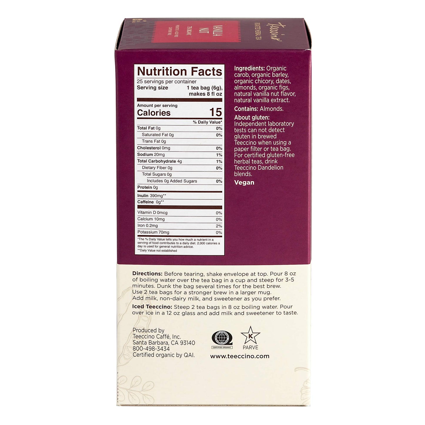 Teeccino Vanilla Nut Herbal Tea - Caffeine Free, Prebiotic, 25 Count (Pack of 3)