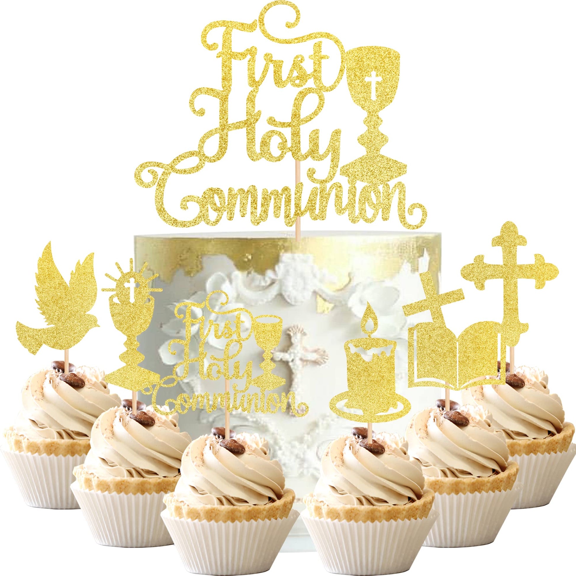 ZHUOWEISM Cupcake Toppers, 25 PCS Gold Glitter First Communion Picks, Bamboo, Small, Design 6
