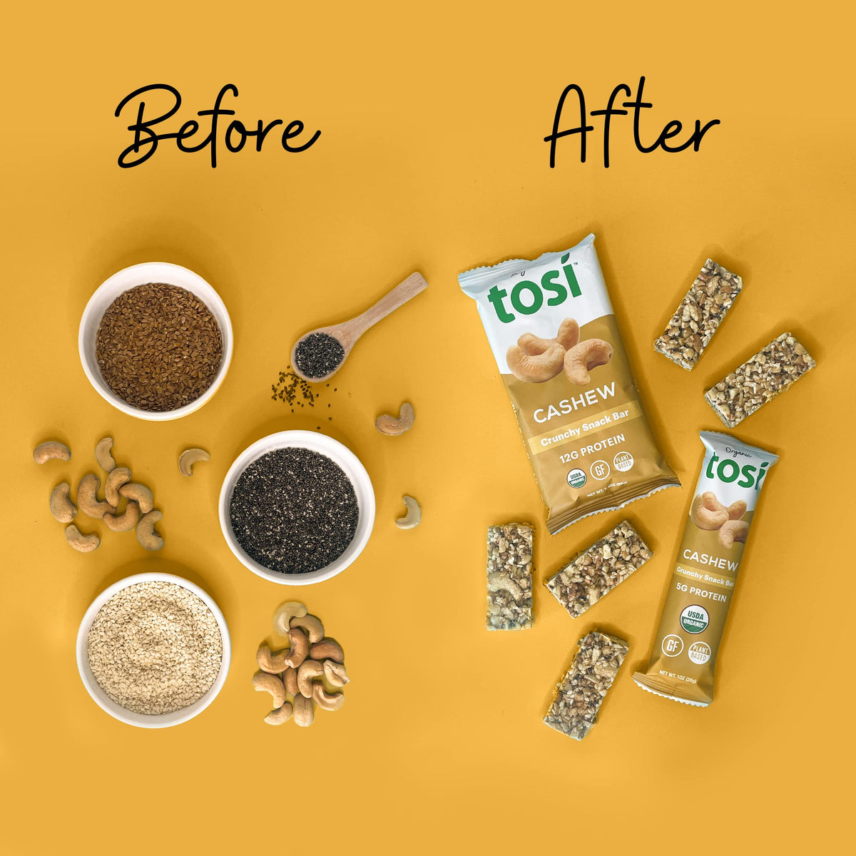 Tosi Almond and Cashew Protein Bars Combo, Plant Based with Nuts, Gluten-Free Crunchy Snacks, Vegan, Organic, Flax & Chia Seeds,